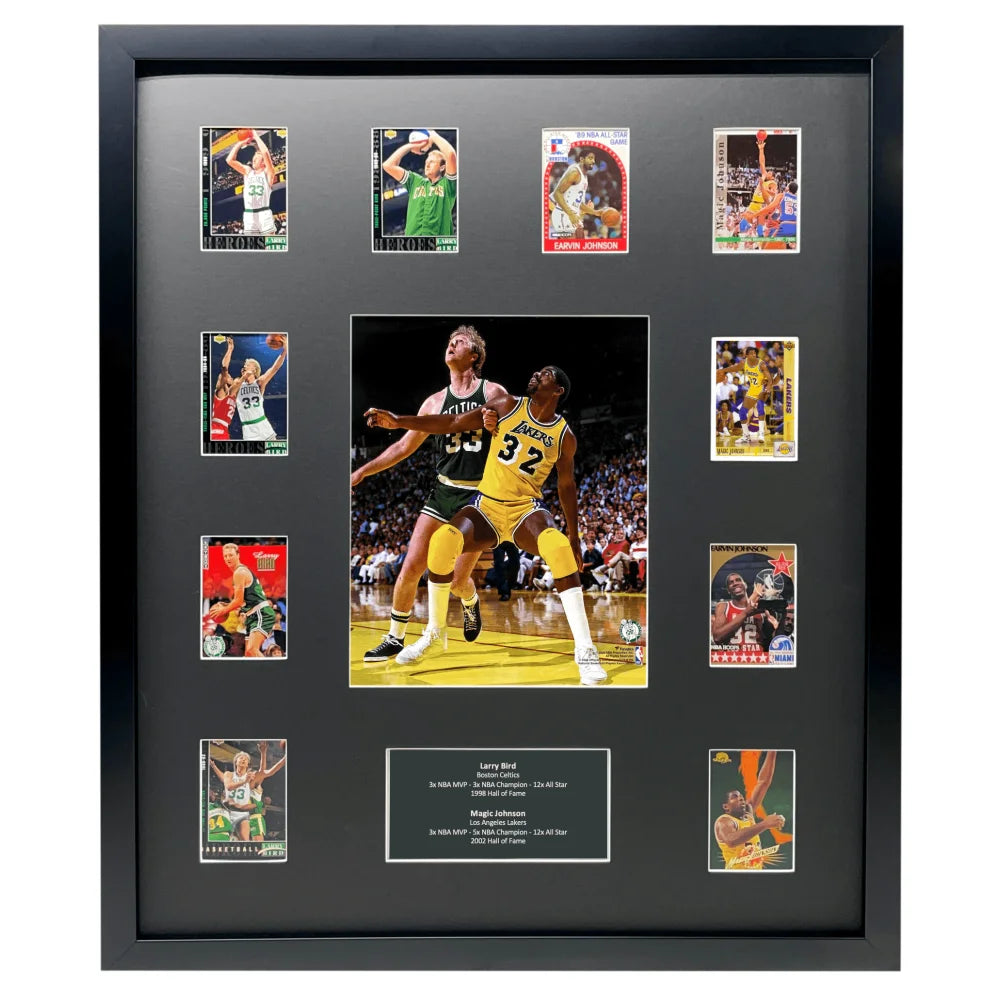 Magic Johnson & Larry Bird Framed 10 Basketball Card 8x10 Collage - Vintage NBA Memorabilia, Celtics vs Lakers Rivalry - Perfect for Sports Collectors, Man Cave Decor, and Basketball Fan Gifts