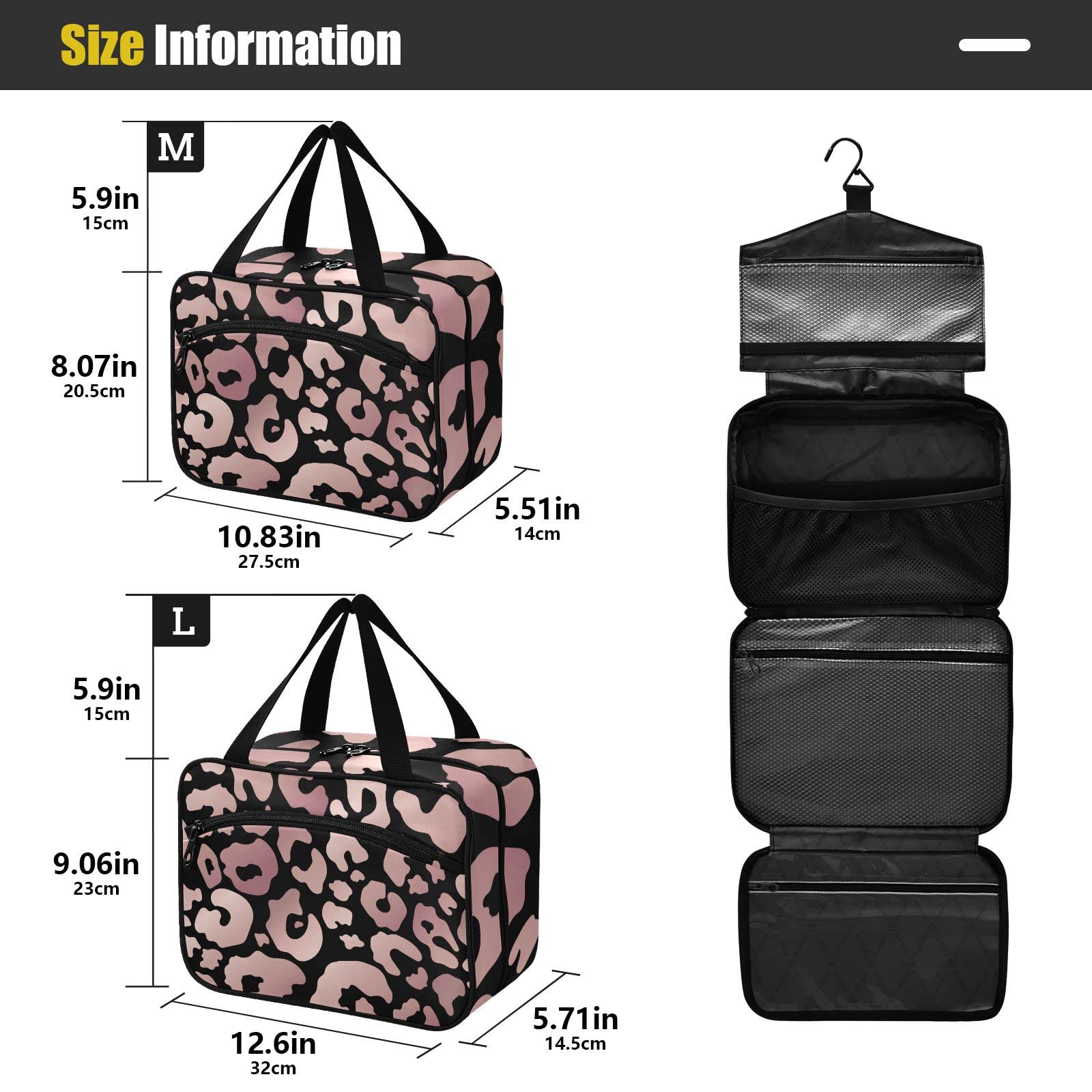 Black Rose Gold Leopard Travel Toiletry Bag for Women - Hanging Cosmetic Organizer for Makeup & Travel