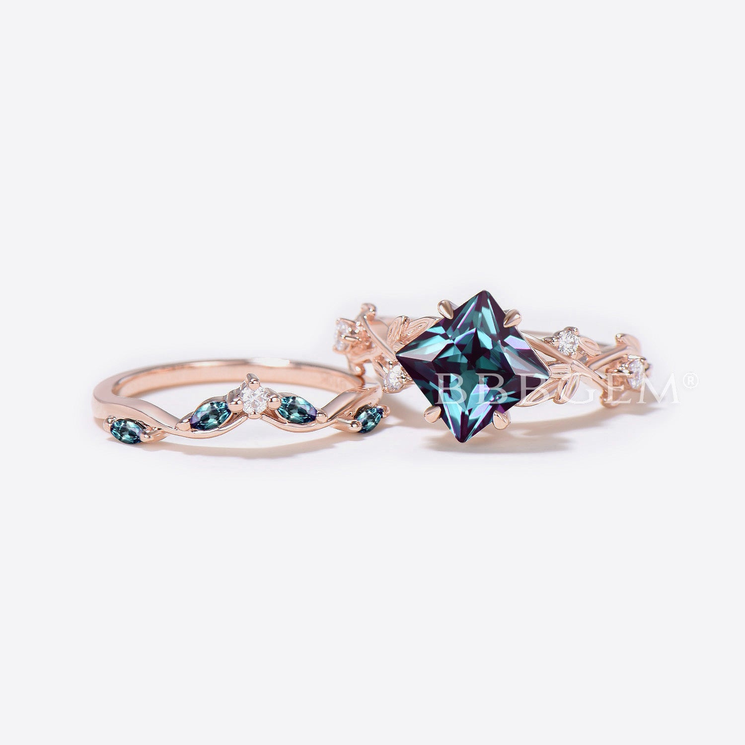 Princess Color Changing Alexandrite Twisted Ring - Nature Inspired Bridal Jewelry Set for Engagement, Wedding & Anniversary Gifts
