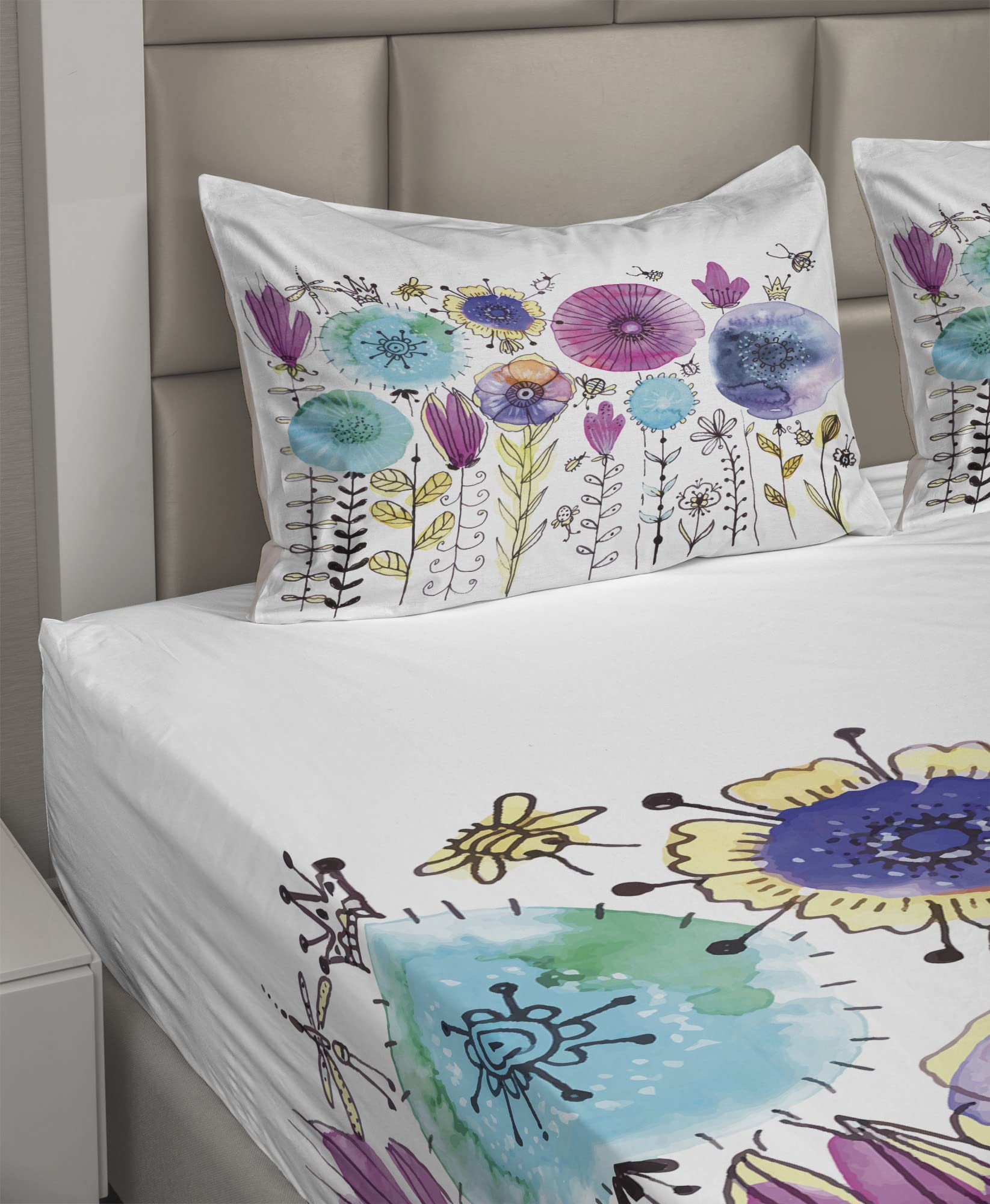 Ambesonne Dragonfly 4-Piece King Sheet Set - Pink & Blue Summer Dandelion Design with Happy Dragonfly Art, Soft Bedding for Master Bedroom, Guest Room & Dorm Decor
