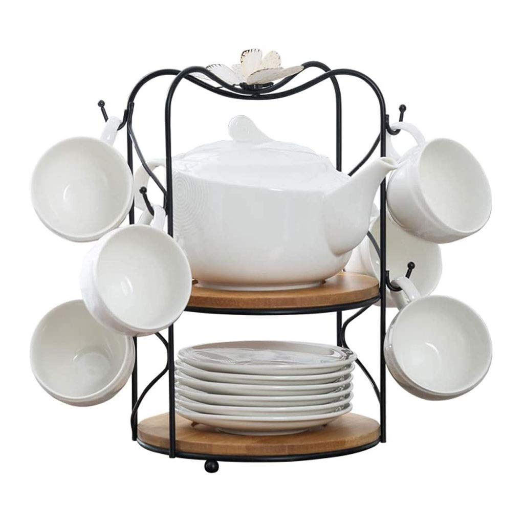 Premium Porcelain Tea and Coffee Cup Set with Metal Holder - 6 Cups, 6 Saucers, 1 Teapot & Stylish Cup Stand - Elegant Tea Set for Home, Office or Gift - Perfect for Afternoon Tea, Coffee Break & Hosting Guests