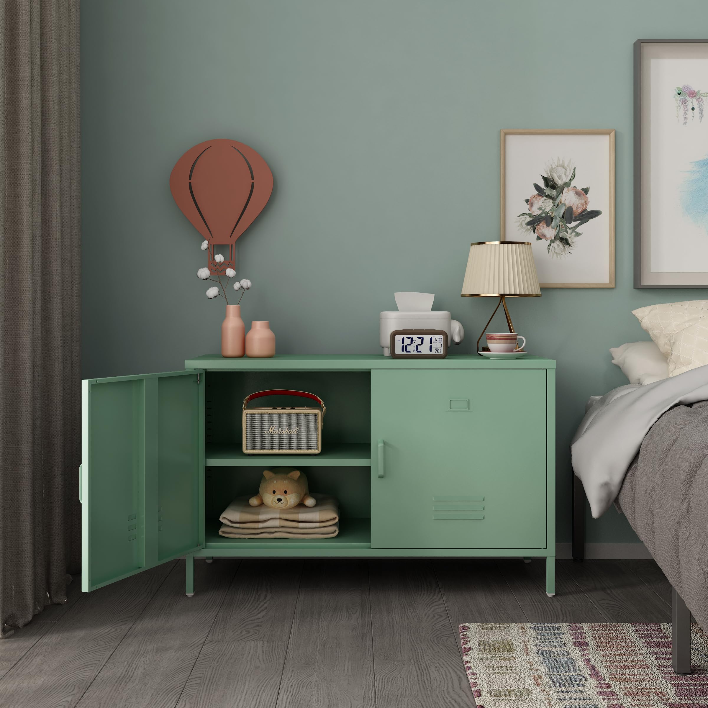 2 Door Metal Accent Cabinet - Mint Green Storage Cabinet with Adjustable Shelf, 2-Tier Office Organizer | Multipurpose Locker for Home, Office & Music Studio | Space-Saving Storage Solution for Small Spaces & Clutter Control