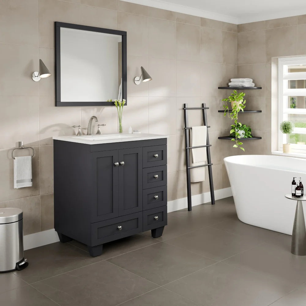 Eviva Acclaim 30 Inch Bathroom Vanity with Carrara Quartz Countertop - Modern White Bathroom Sink Cabinet for Small Spaces, Perfect for Powder Rooms and Guest Bathrooms