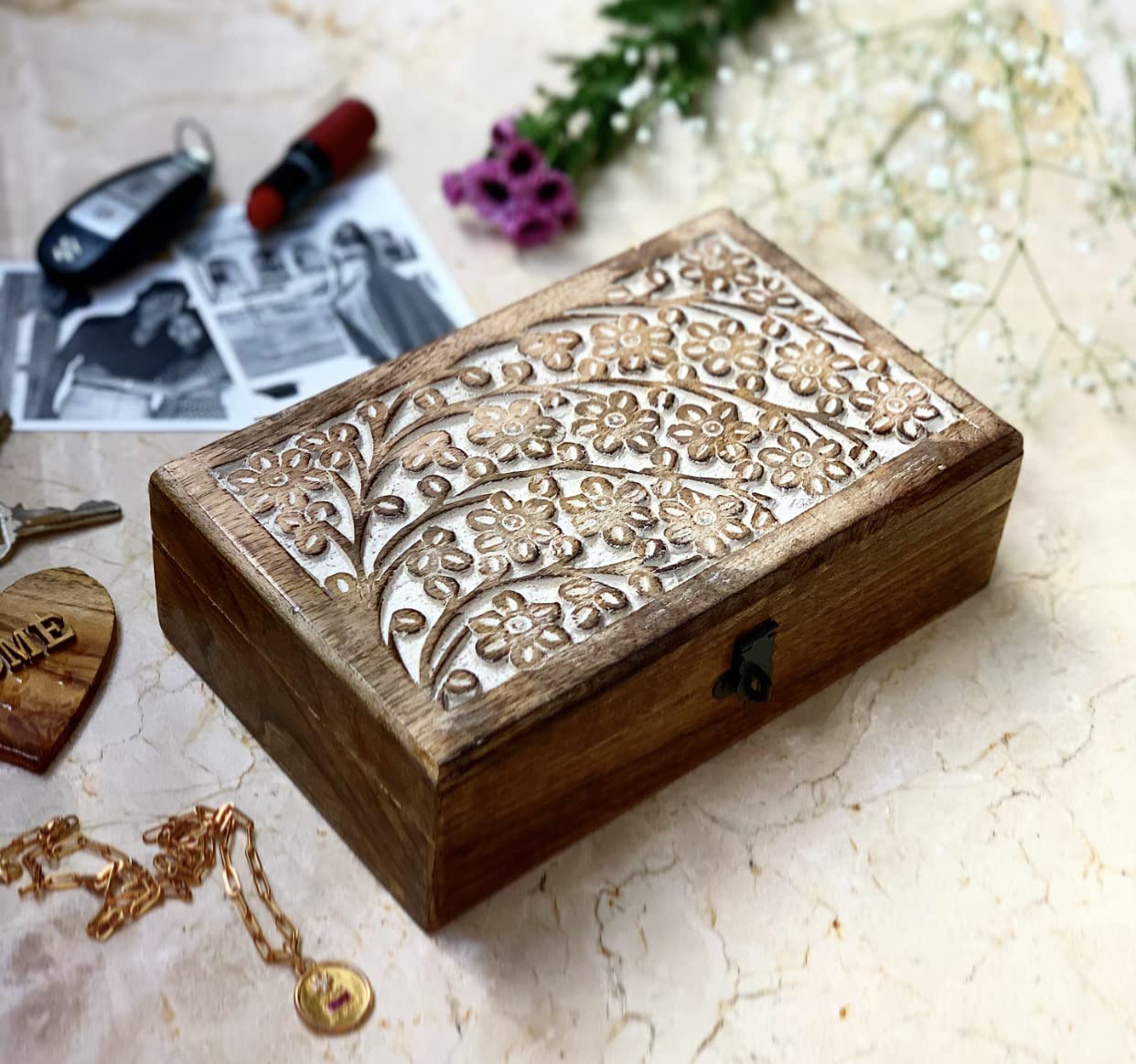 Handmade Decorative Wooden Jewelry Box with Lock & Key - Jewelry Organizer, Keepsake Box, Watch Storage - Perfect Birthday, Housewarming Gift for Women - Great for Travel, Home Decor & Special Occasions