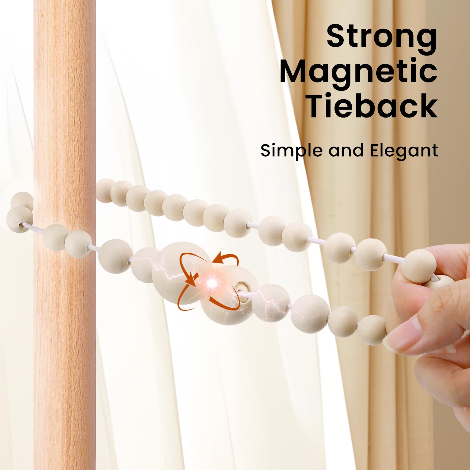 Magnetic Wood Bead Curtain Tiebacks 2 Pack - Boho Farmhouse Decor for Bedroom & Nursery