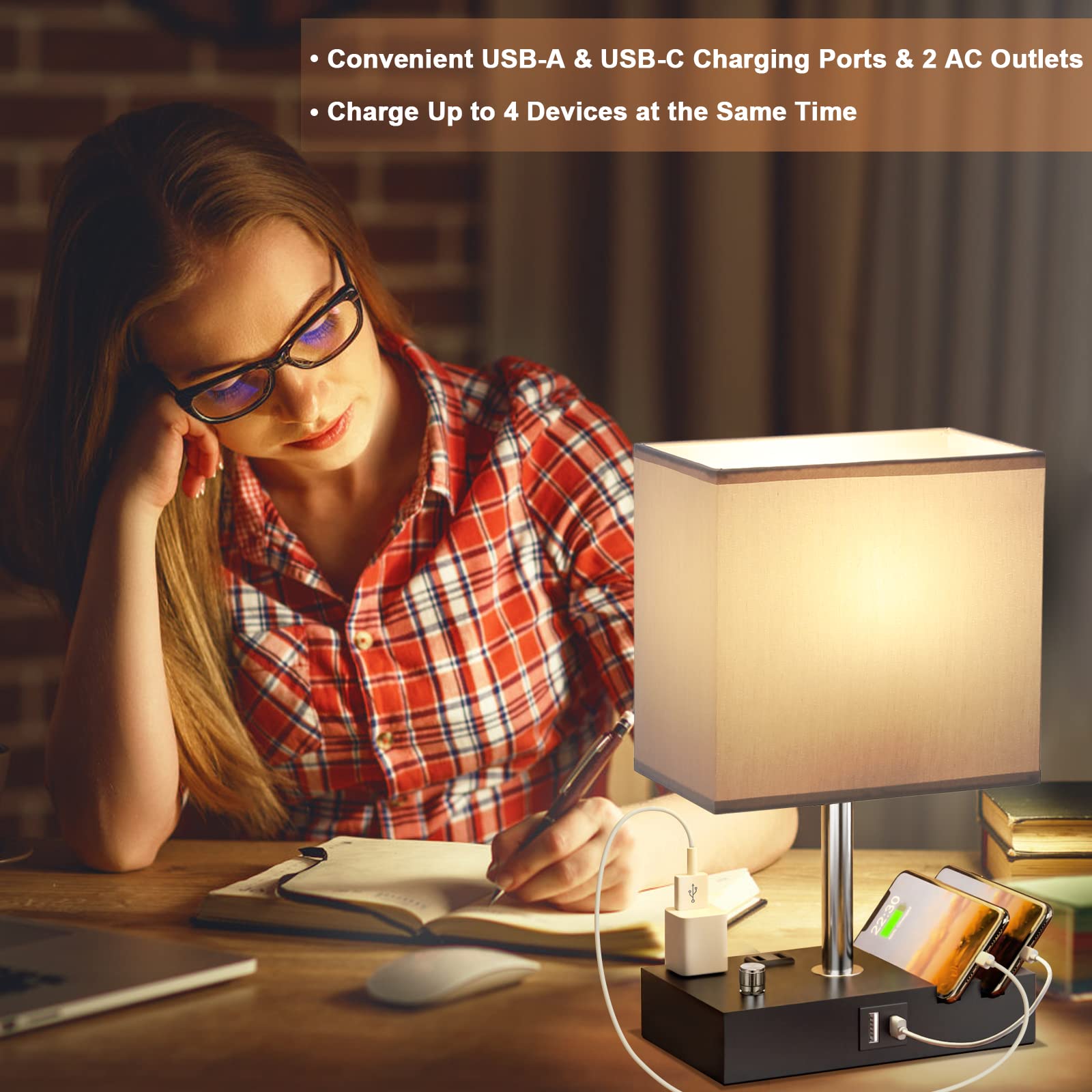 Dimmable Grey Table Lamp with Dual USB Ports & Phone Stand - Bedside & Desk Lamp for Bedroom, Living Room, Nightstand - Includes LED Bulb | Perfect for Reading, Charging Devices & Ambient Lighting