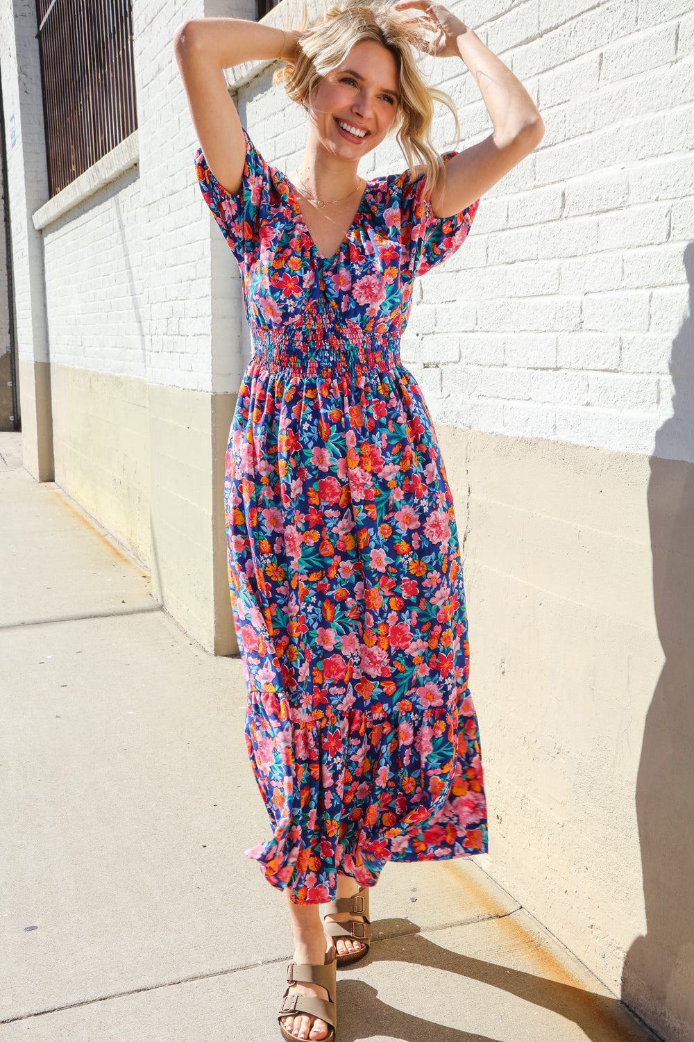 Blue Floral Puff Sleeve V-Neck Smocked Waist Maxi Dress - Romantic Ruffle Raglan Dress for Women | Perfect for Date Night, Wedding Guest Outfits & Summer Vacations