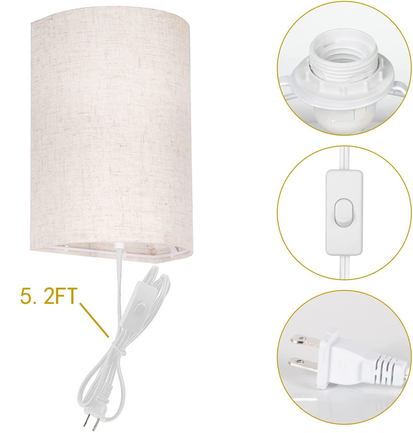 AVV Plug-in Wall Sconces Set of 2 - Dimmable LED Wall Lights for Bedroom & Living Room Decor - Fabric Linen Shades