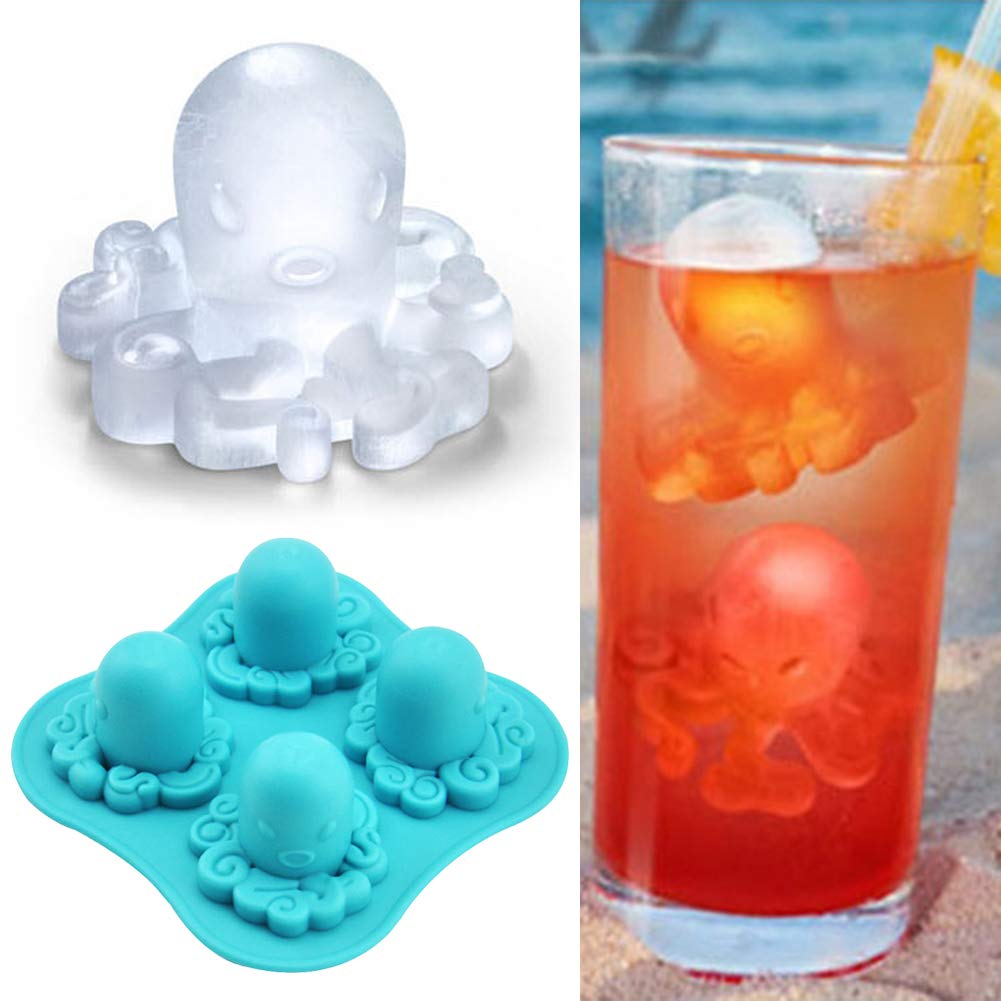 Blue Silicone Ice Cube Tray with 4 Octopus Grids - Reusable Freezer Mold for Cocktails, Lemonade & DIY Crafts - Perfect for Parties, Home Bars & Kids' Snacks