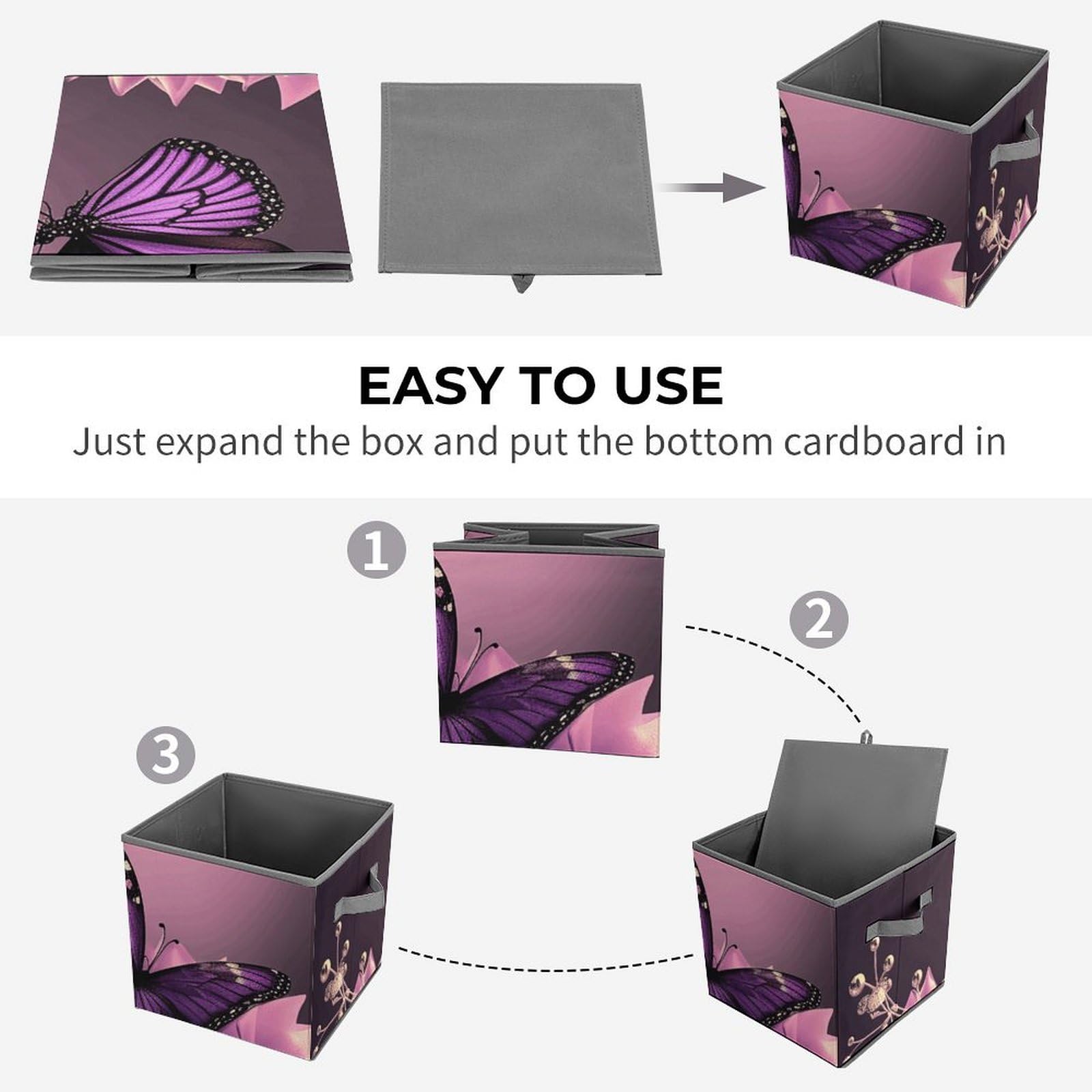 Large Collapsible Storage Bins with Handles - 10.6x10.6x10.6 Inch Purple Butterfly Design Closet Organizer Cubes for Home & Office Organization | Perfect for Bedroom, Kids Room & Pantry Storage