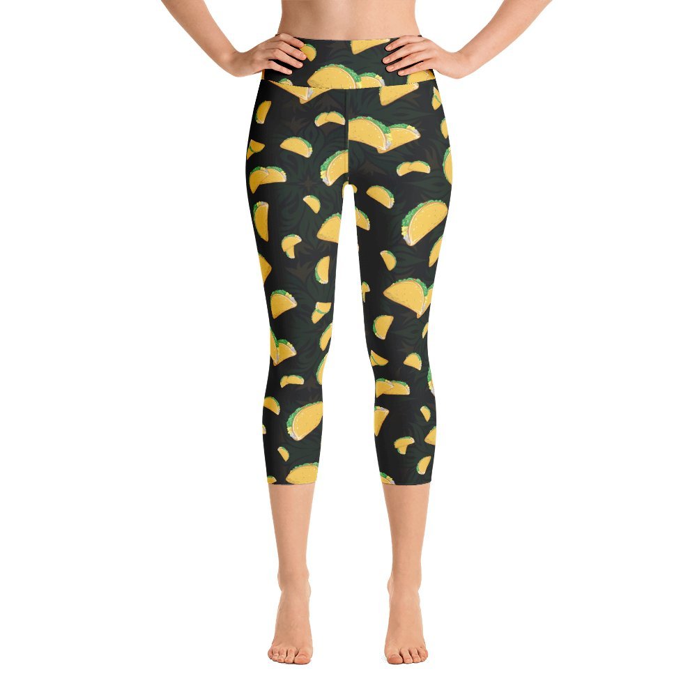 Women's Cinco De Mayo Taco Print High-Waisted Yoga Capri Leggings - Made in USA - Perfect for Yoga, Gym Workouts & Festive Mexican Holiday Celebrations
