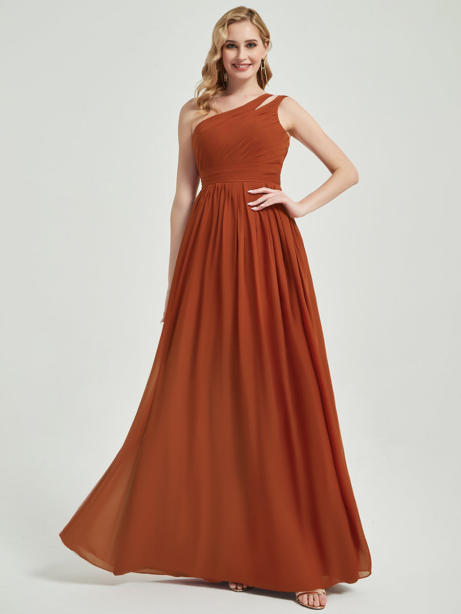 Elegant Burnt Orange One Shoulder A-Line Floor Length Chiffon Bridesmaid Dress for Weddings & Formal Events - Perfect for Evening Galas, Prom & Special Occasions