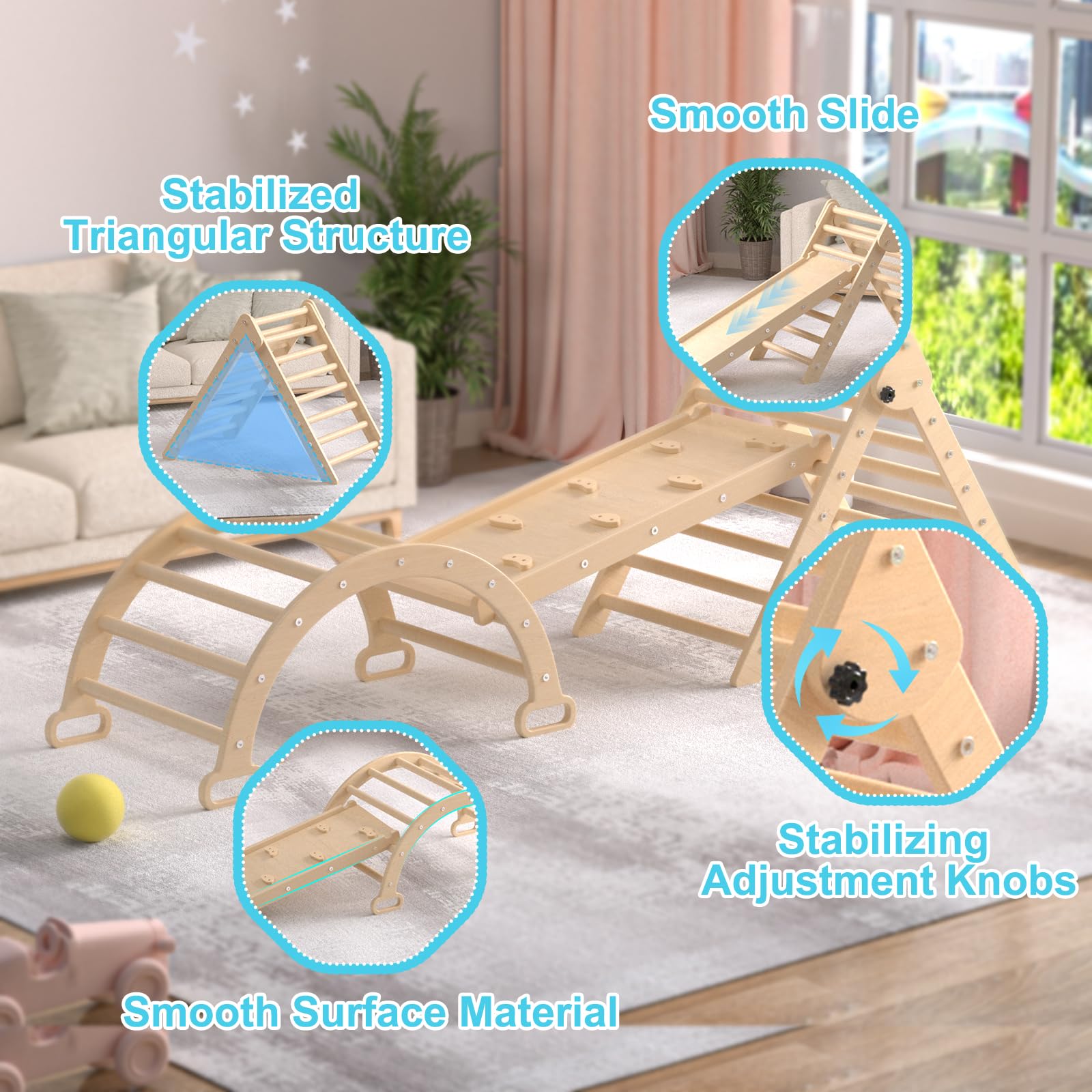 XJD 7-in-1 Pikler Triangle Climbing Set for Toddlers Ages 3-6 - Wooden Indoor Playground with Slide, Ramp, Rocker & Climbing Accessories - Montessori Toys for Home Playroom, Daycare & Preschool Activities