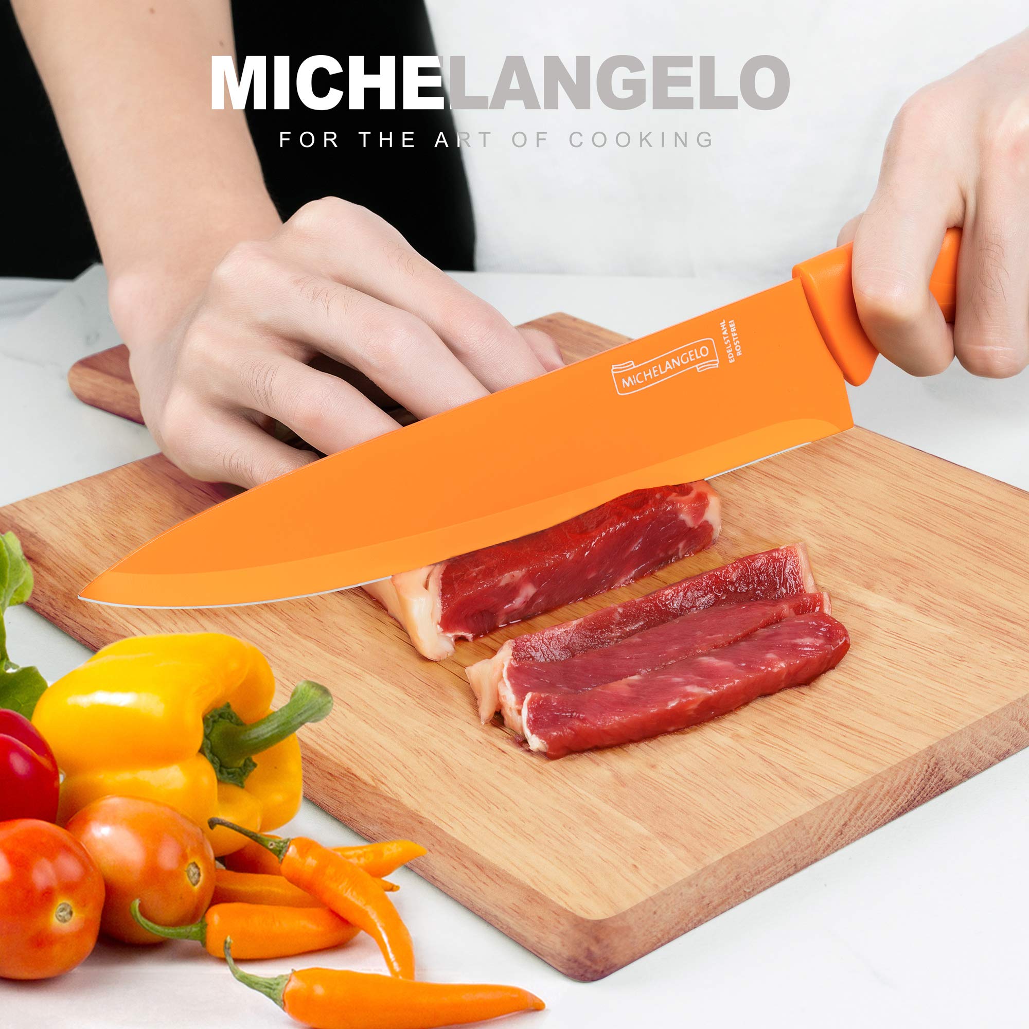 MICHELANGELO 10-Piece Rainbow Kitchen Knife Set - High Carbon Stainless Steel Knives with Blade Covers - Dishwasher Safe Colorful Chef Knife Collection for Cooking, Slicing & Food Prep - Perfect for Home Chefs & Professional Kitchens