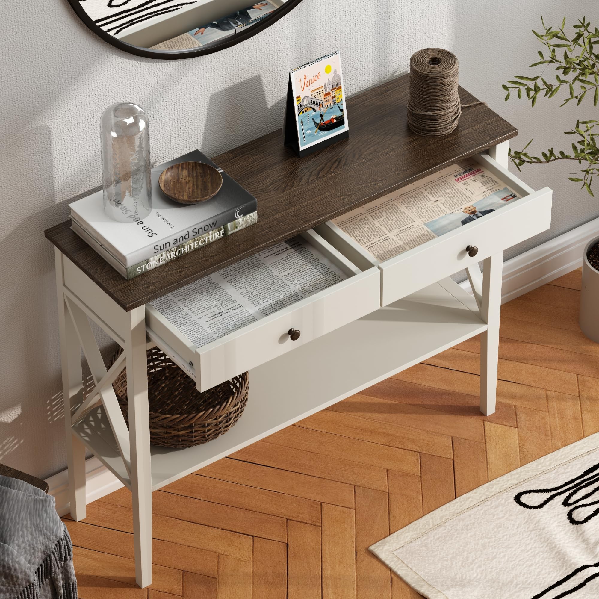 ChooChoo Farmhouse Console Table with Drawers - Narrow Wooden Sofa Table for Entryway, Hallway & Living Room - Antique White & Brown Finish - Perfect for Small Spaces & Home Decor Storage