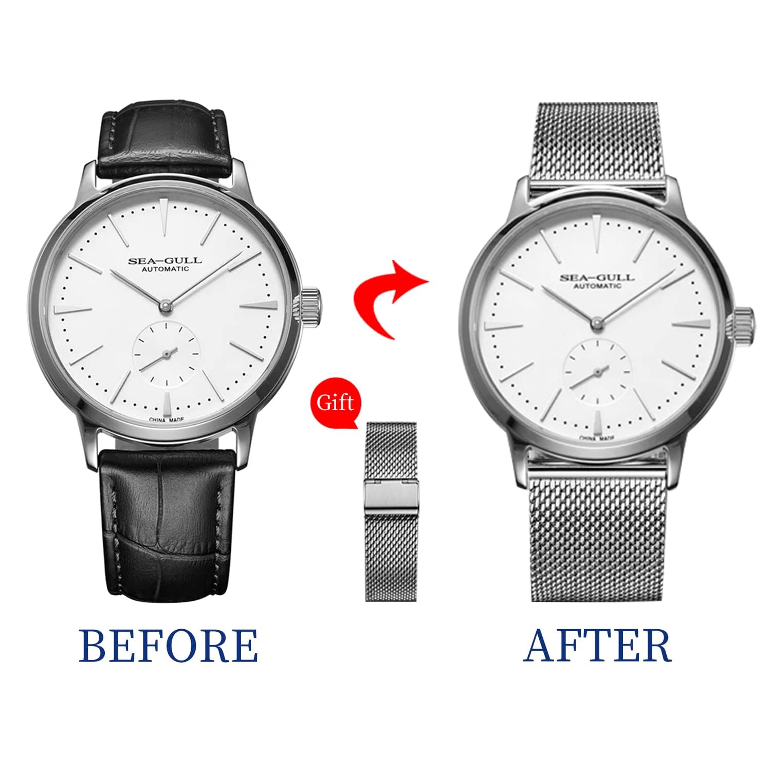SEA-GULL 6075 Automatic Men's Watch with Leather Strap - Small Second Hand for Business & Casual Wear