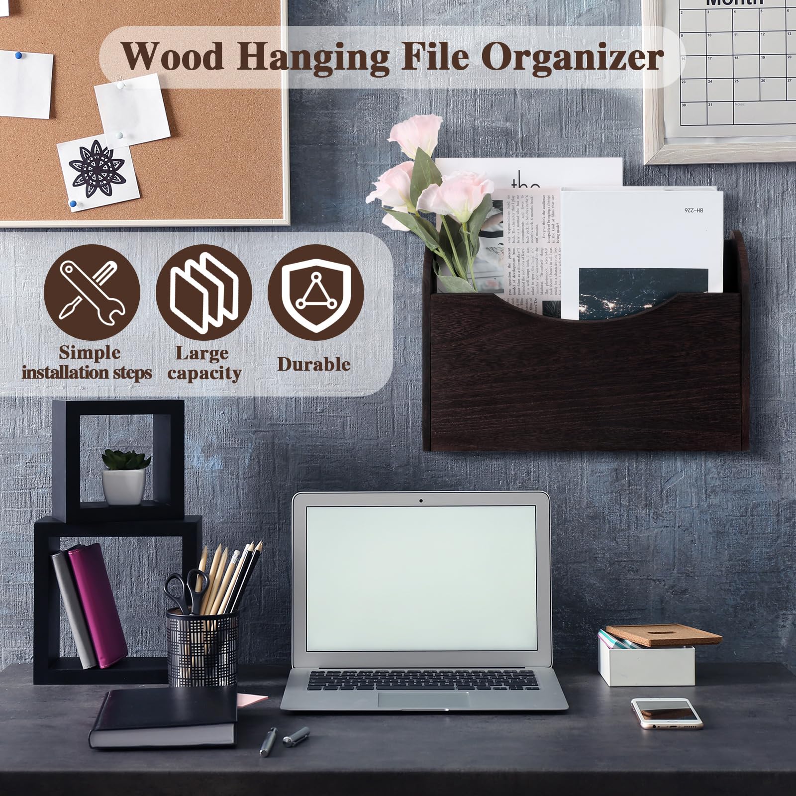 Wooden Wall Mounted File Holder - Magazine & Letter Organizer for Office, Mail, Paper Storage - Space Saving Wall Hanging File Rack (Brown) | Perfect for Home Office, Study Room & Workspace Organization