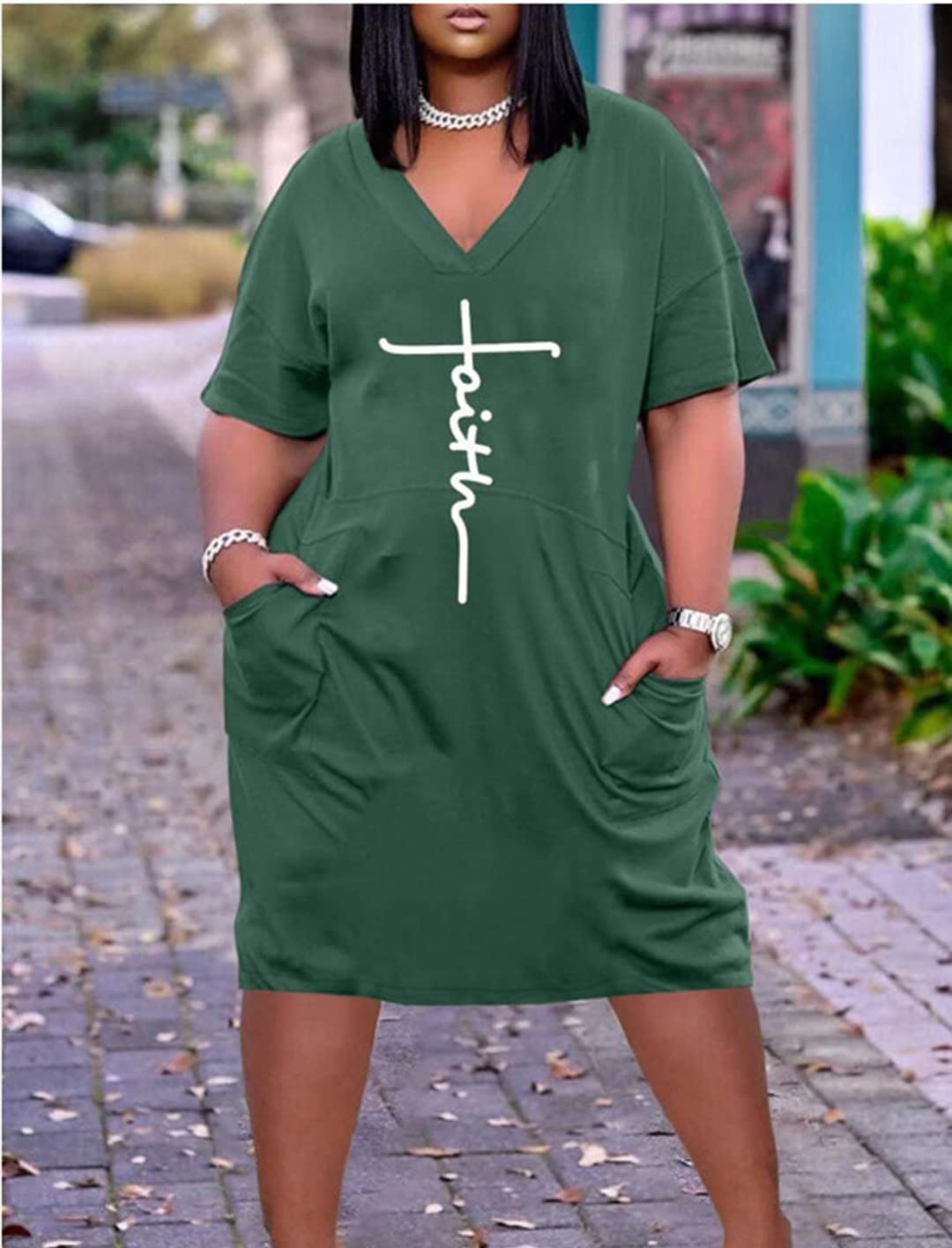 Women's Faith T-Shirt Dress - Summer Short Sleeve V-Neck Loose Casual Midi Dress with Pockets | Church Outfit, Beach Cover Up, Everyday Wear