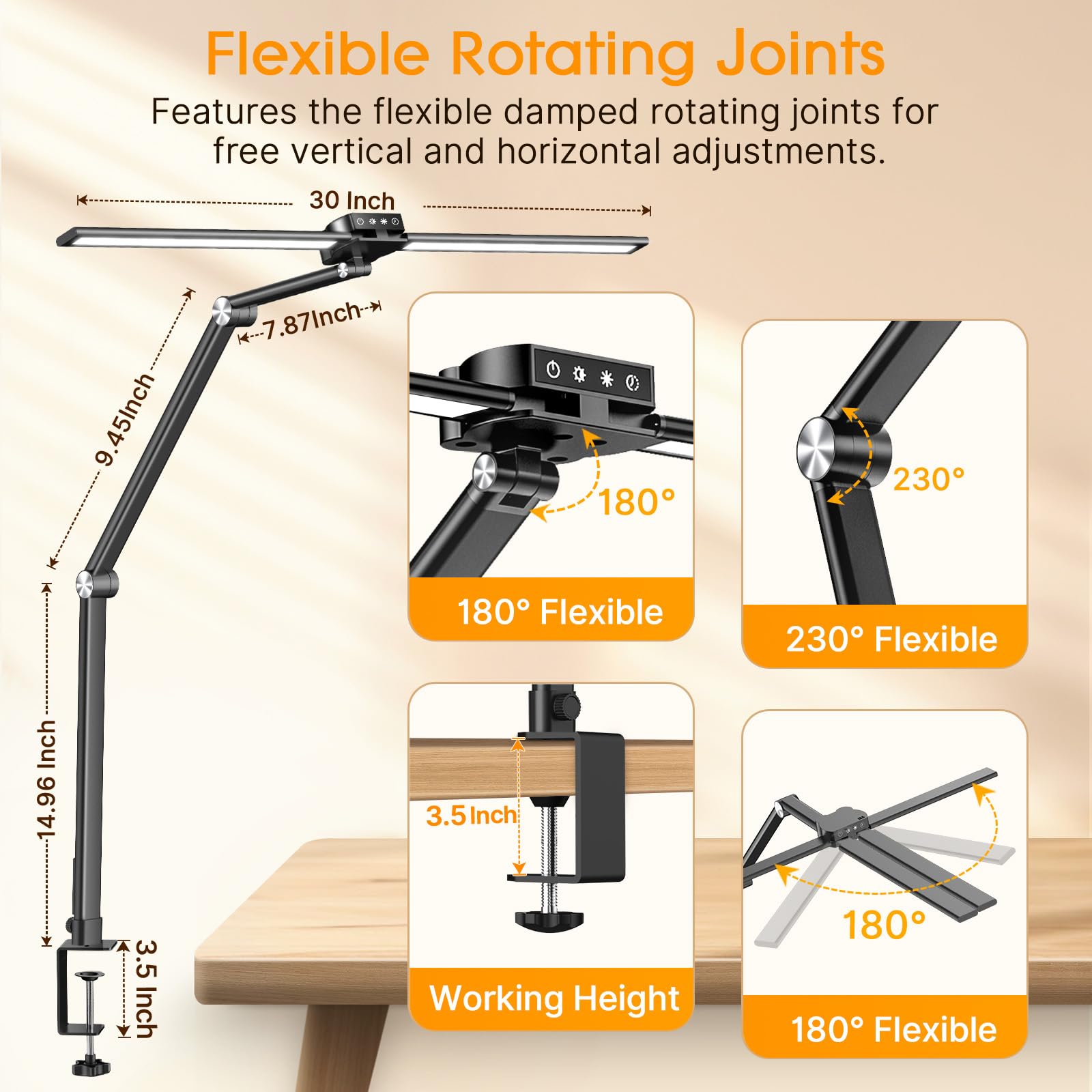 Syrinx LED Desk Lamp with Clamp - 24W Adjustable Double Head Architect Lamp with Gesture Sensor & Touch Control, 25 Light Modes for Eye Care - Perfect for Home Office, Study, Reading & Workspace Lighting