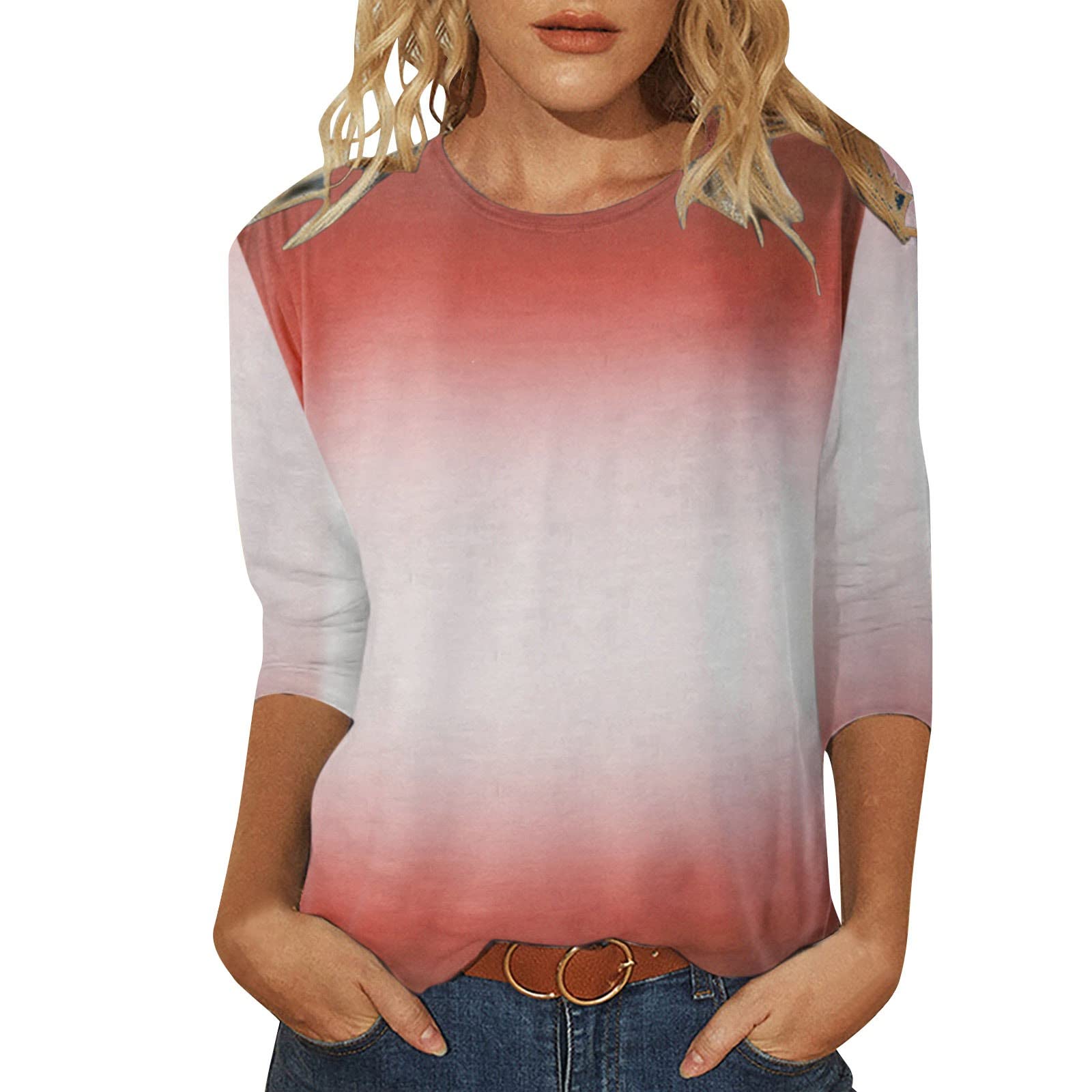 Yoyorule Women's Summer Fashion Printed O-Neck Casual Medium Long Sleeve T-Shirt Blouse - Comfortable & Stylish Top for Work, Travel, and Everyday Wear