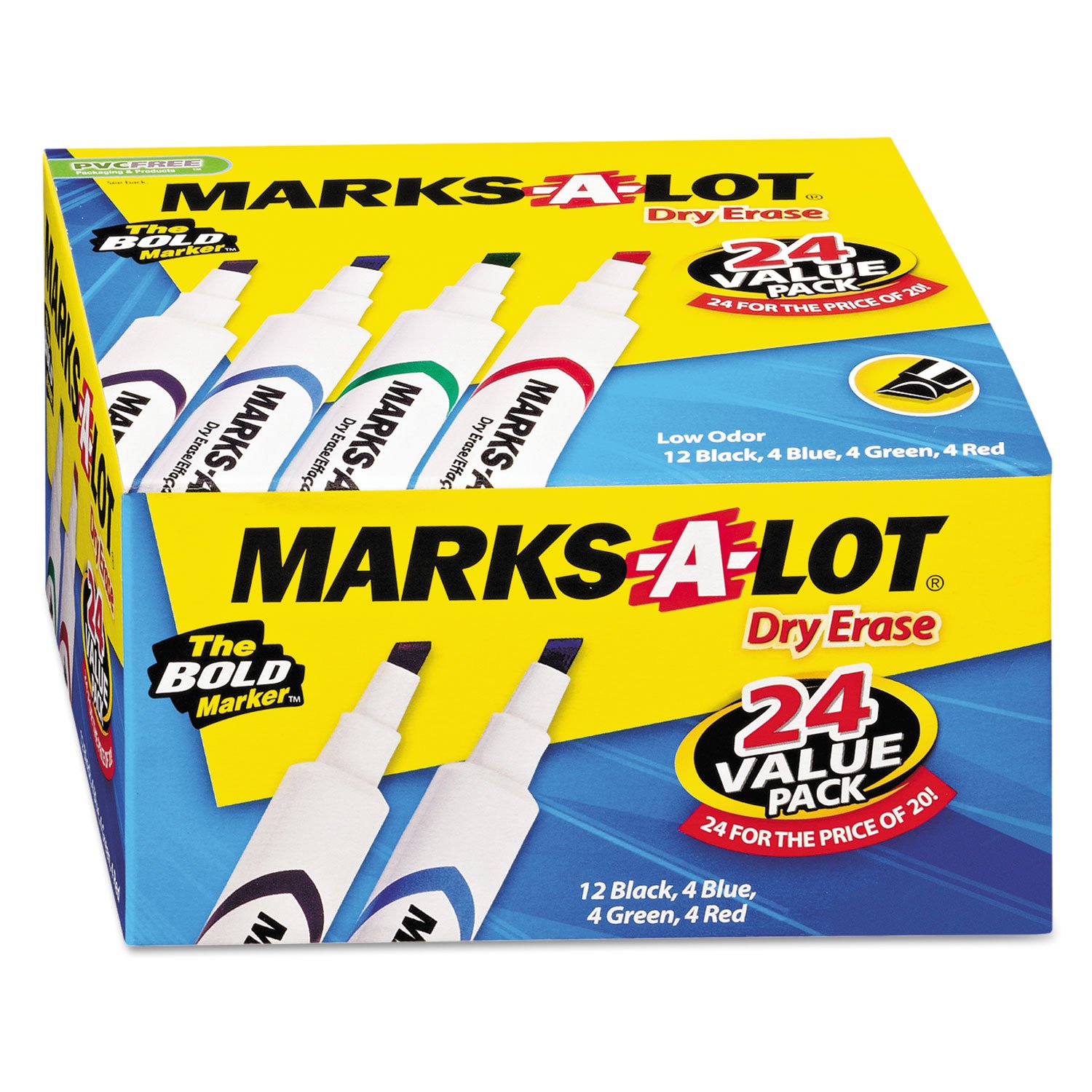 AVERY Marks-A-Lot 98188 Dry Erase Markers - 4 Vibrant Colors, 24-Pack for Whiteboards & Glass - Perfect for Classrooms, Offices & Home Organization