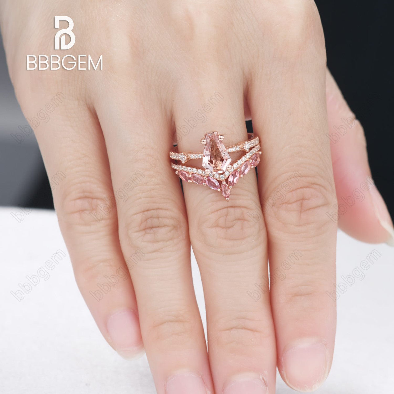 Gothic Coffin Shaped Wedding Ring Set - 14k Rose Gold Morganite & Marquise Cut Pink Sapphire Engagement Rings for Women | Alternative Gothic Jewelry, Dark Romance Wedding Bands, Unique Couple Rings for Halloween, Vampire Themed Weddings