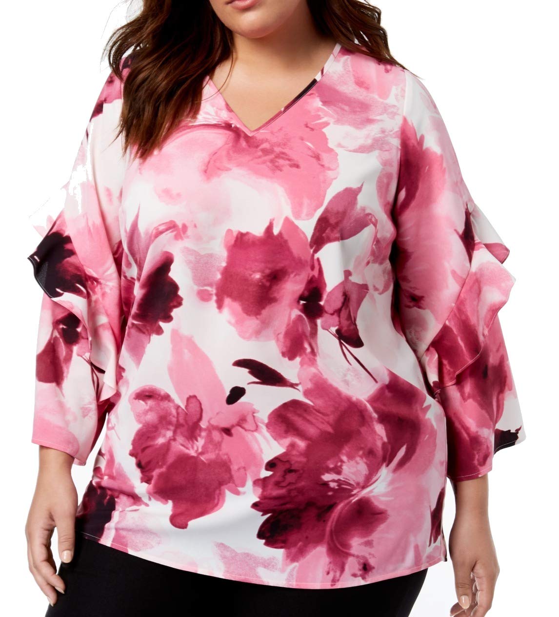 Alfani Women's Plus Size Floral Print Long Sleeve Blouse with Back Zipper - Pink & White Floral Top for Work, Church & Special Occasions