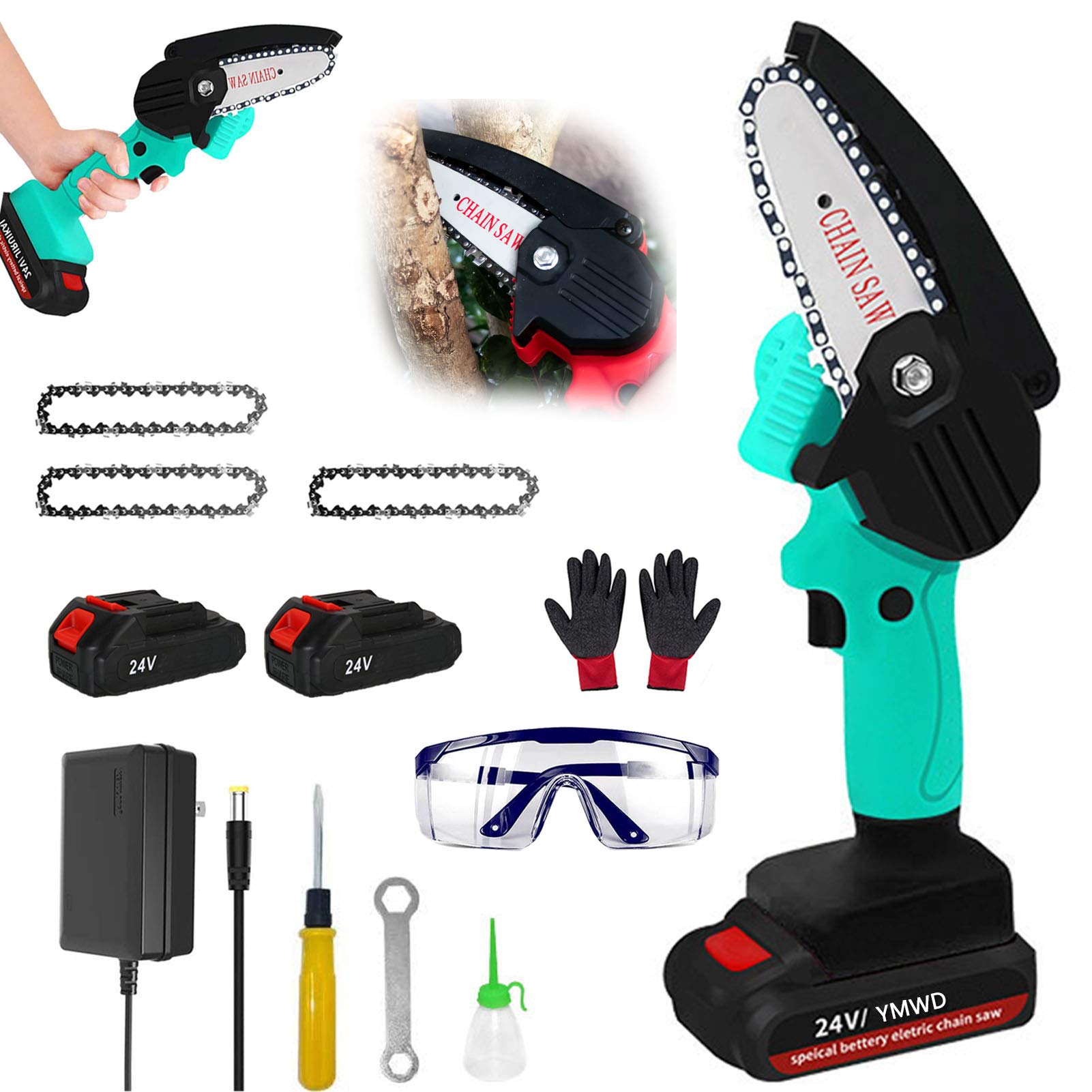 YMWD 4-Inch Mini Chainsaw - Cordless Electric Handheld Chainsaw with 3 Chains & Splash Board, 0.7kg Lightweight for Tree Branch Cutting, Wood Pruning & Gardening - Perfect for Backyard, Courtyard & DIY Projects (Blue)