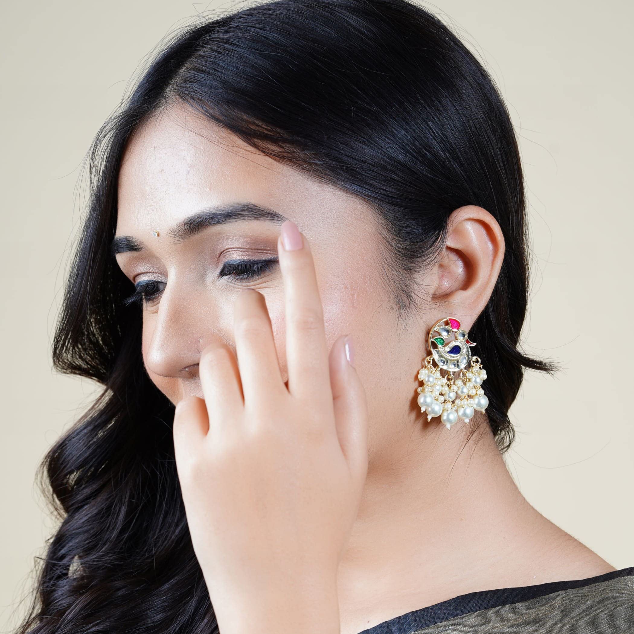 Indian Peacock Jhumka Earrings for Women - Golden Tone Faux Pearl Chandbali Dangle Earrings | Bollywood Style Bridal Jewelry | Perfect Gift for Her, Wedding Party & Special Occasions