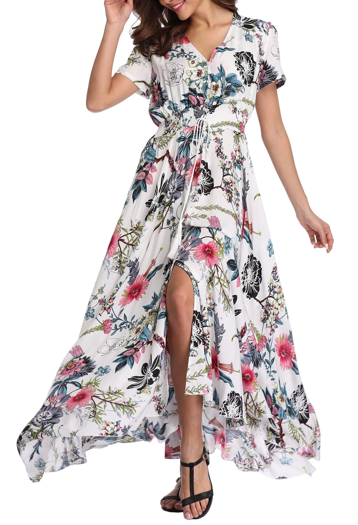 Boho Floral Maxi Dress for Women - Button Up Long Dress with Side Slit for Beach, Party & Summer Vacations | Perfect for Boho Chic Style, Outdoor Events & Casual Wear