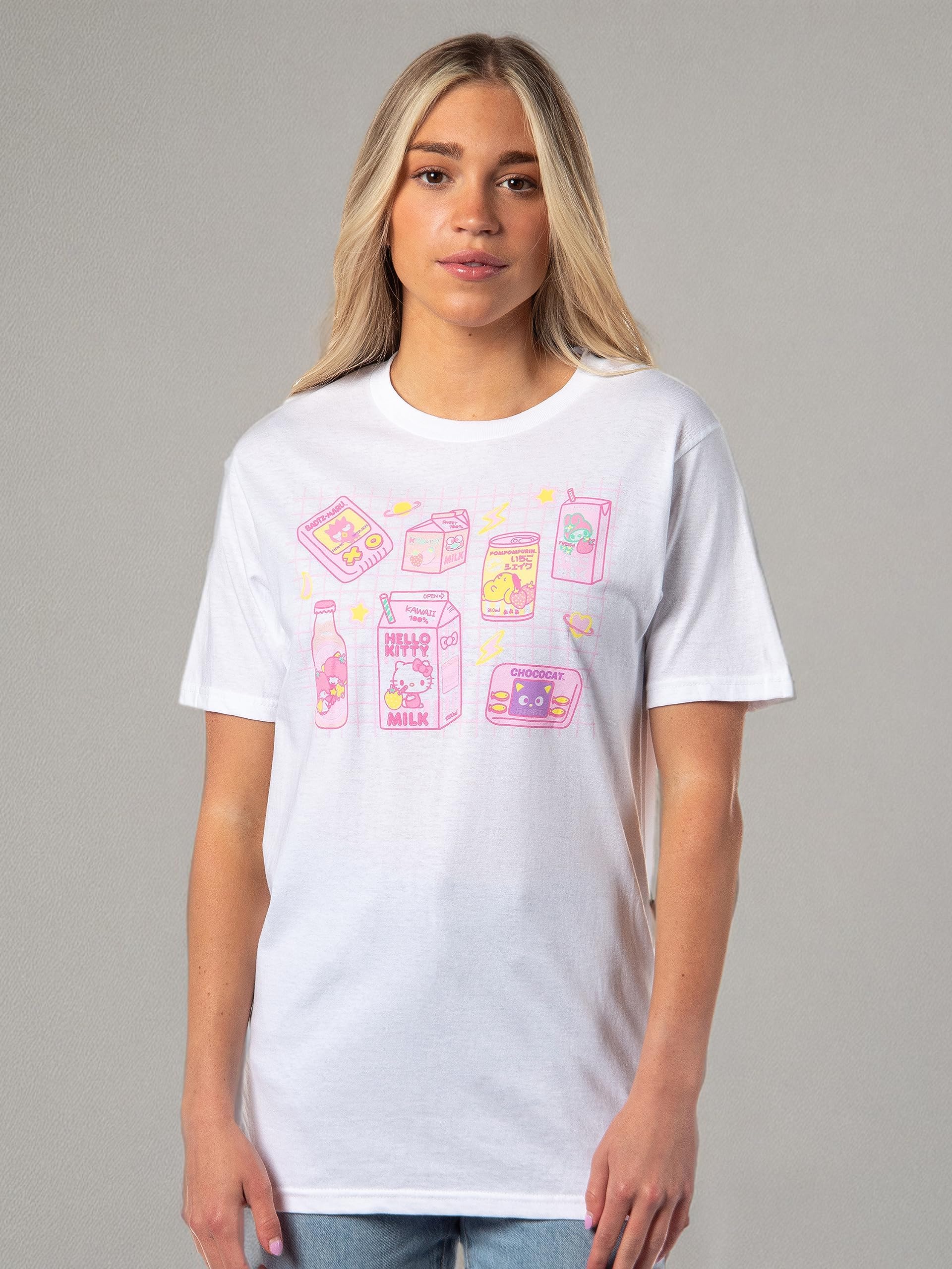 Hello Kitty and Friends Women's Graphic T-Shirt - Cute Anime Kawaii Snacks & Games Print Tee for Casual Wear, Gifts, and Anime Lovers