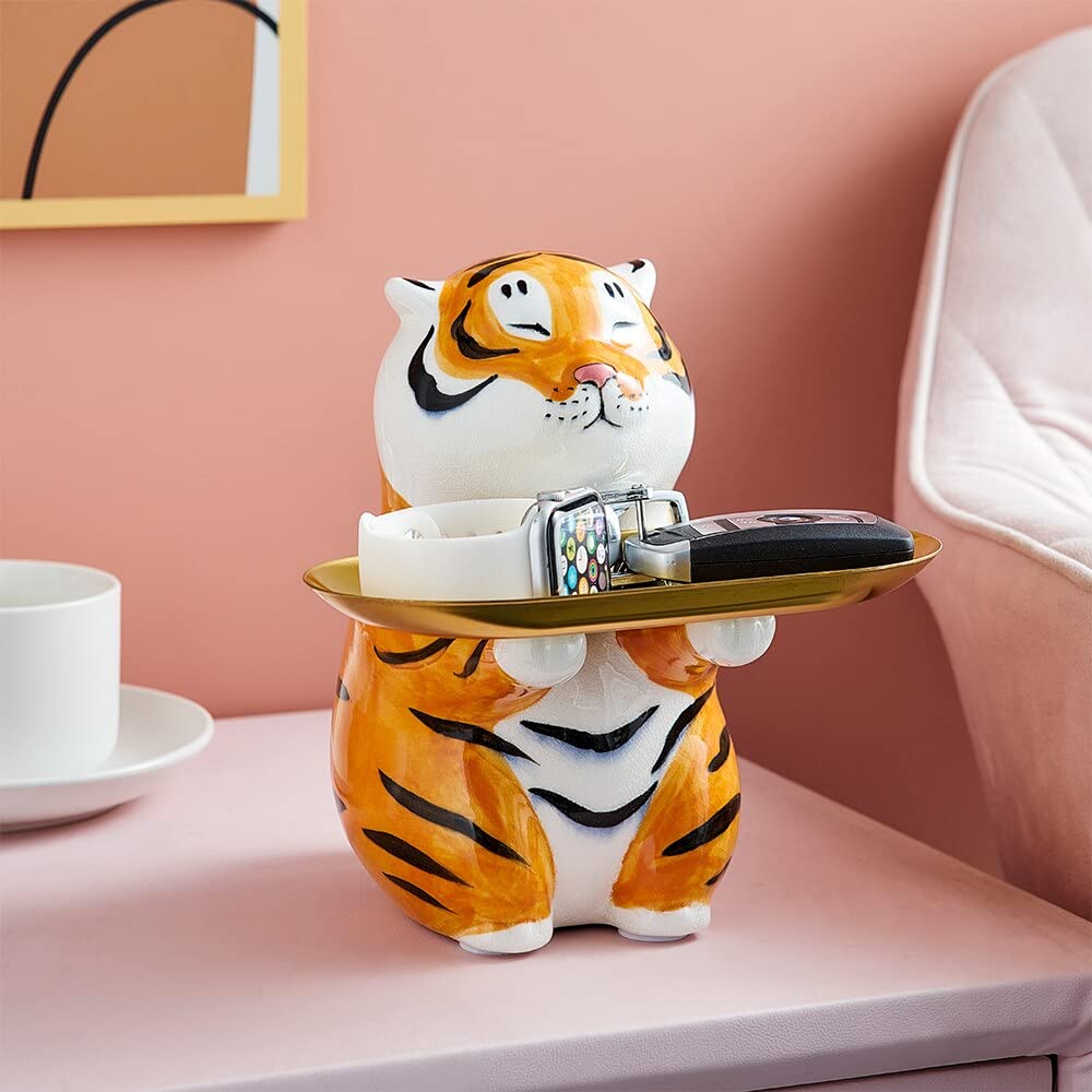 Cute Tiger Ceramic Storage Box Set - 3pcs Animal Sculpture Decorative Tray for Keys, Snacks & Jewelry | Living Room, Bedroom & Office Organizer