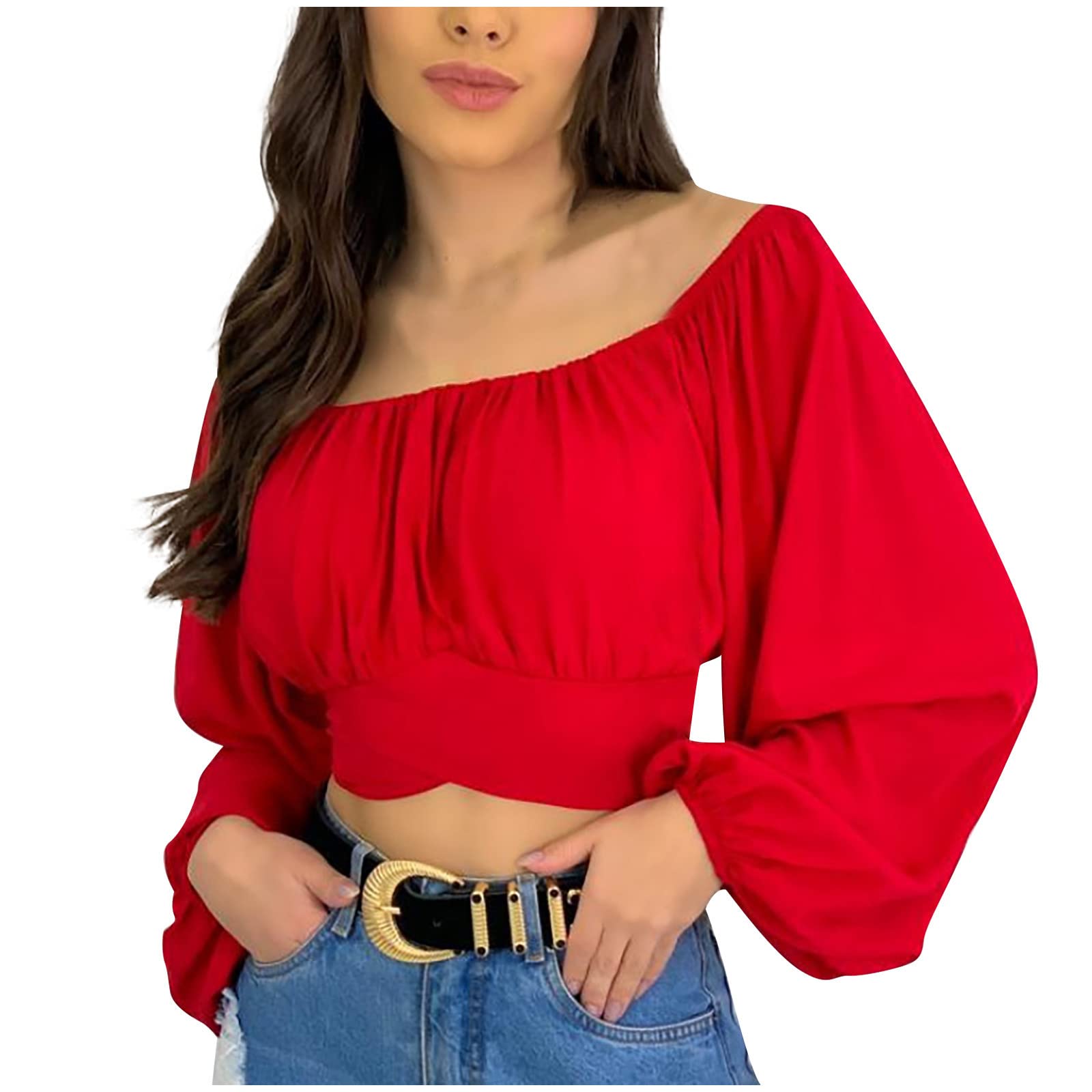 Women's Cropped Off Shoulder Puff Sleeve Blouses - Summer Long Sleeve Sexy Solid Color T-Shirts & Casual Pleated Tops | Perfect for Beach Outings, Date Nights & Streetwear Fashion