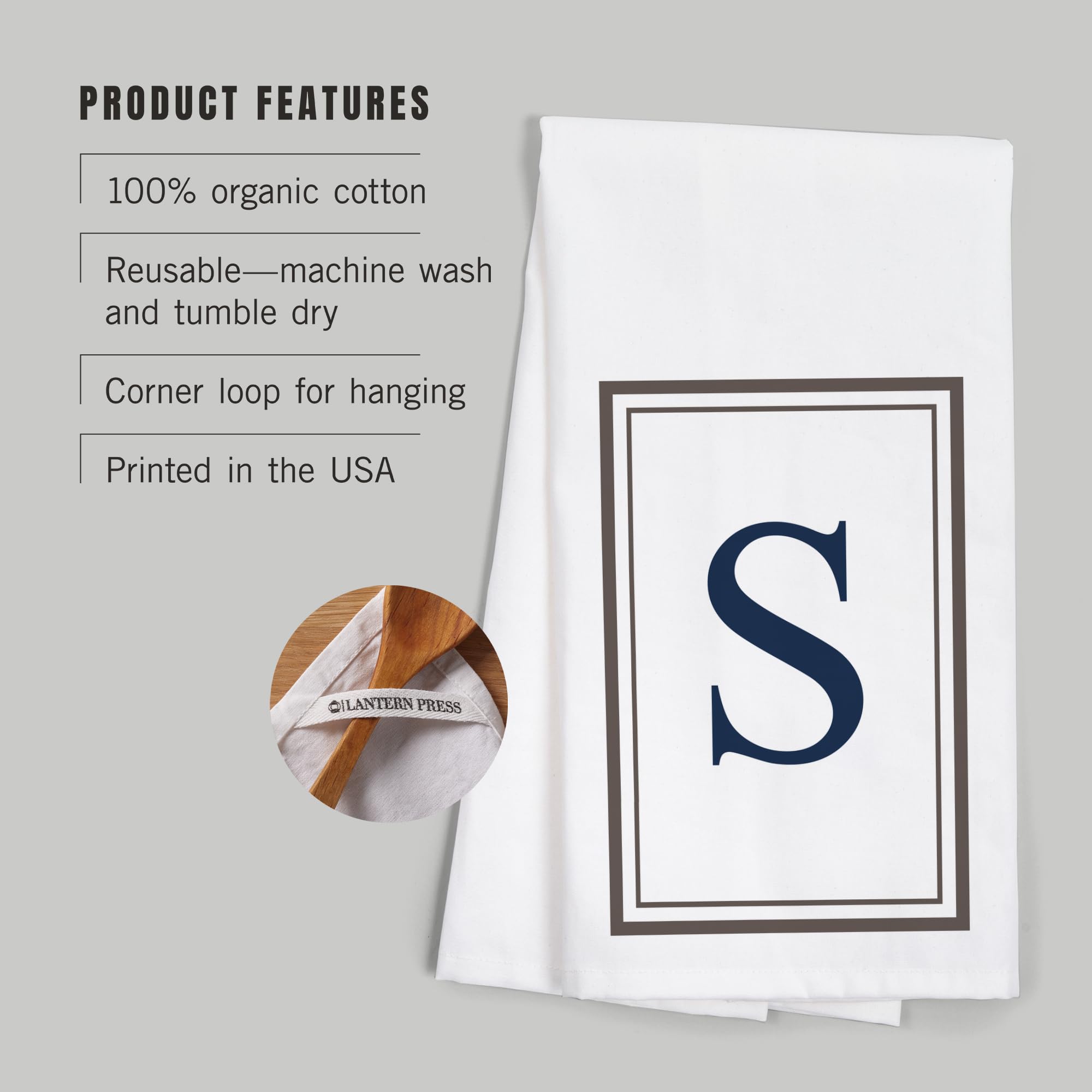 Lantern Press Monogram Cotton Tea Towel - Gray & Blue Decorative Hand Towel for Kitchen & Home | Perfect for Drying Dishes, Gift Giving & Farmhouse Decor