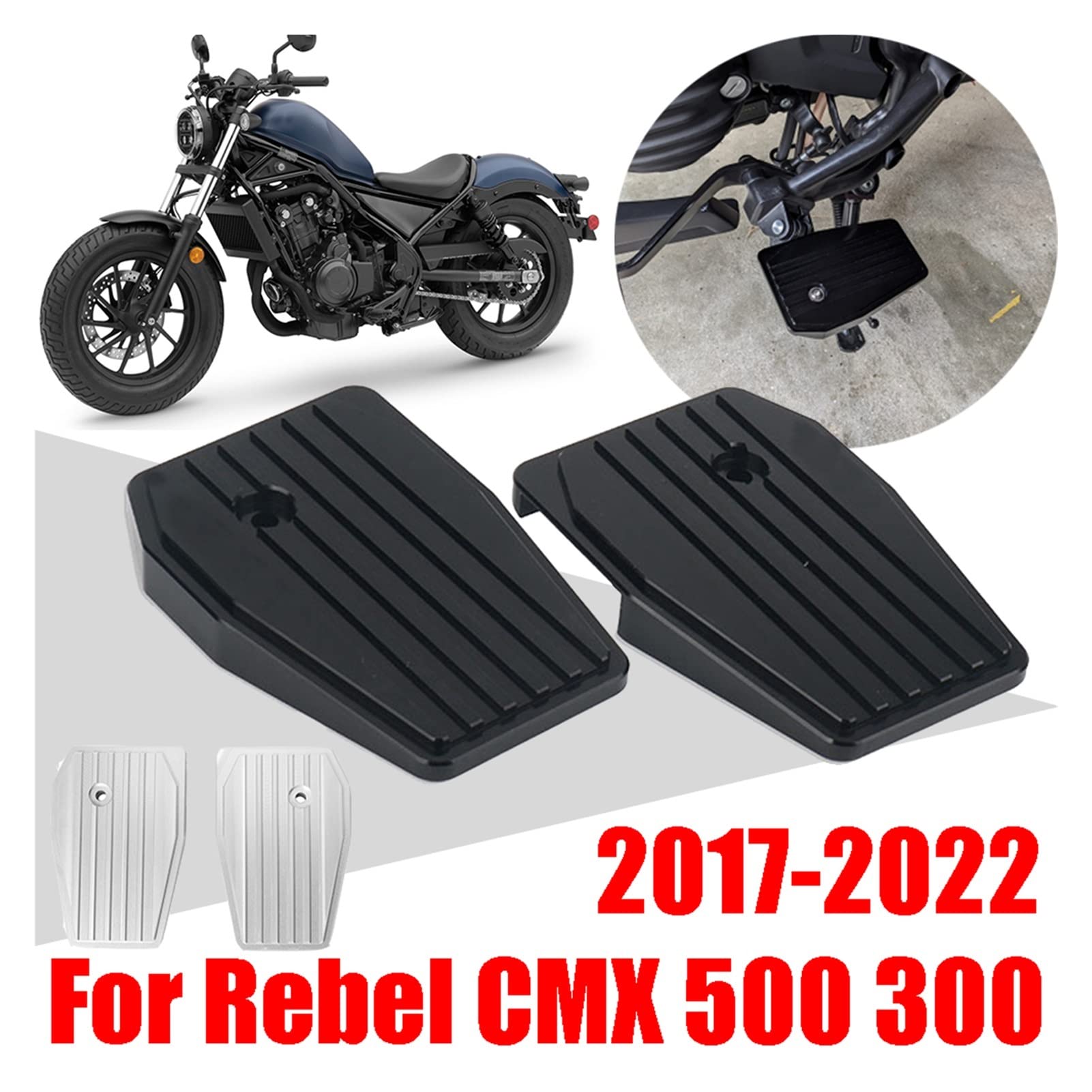 Honda Rebel 500 CMX500 CMX300 Motorcycle Foot Pegs (2017-2022) - Wide Footrest Pedals Replacement Upgrade Accessories in Silver - Perfect for Cruiser Riding & Comfort Enhancement