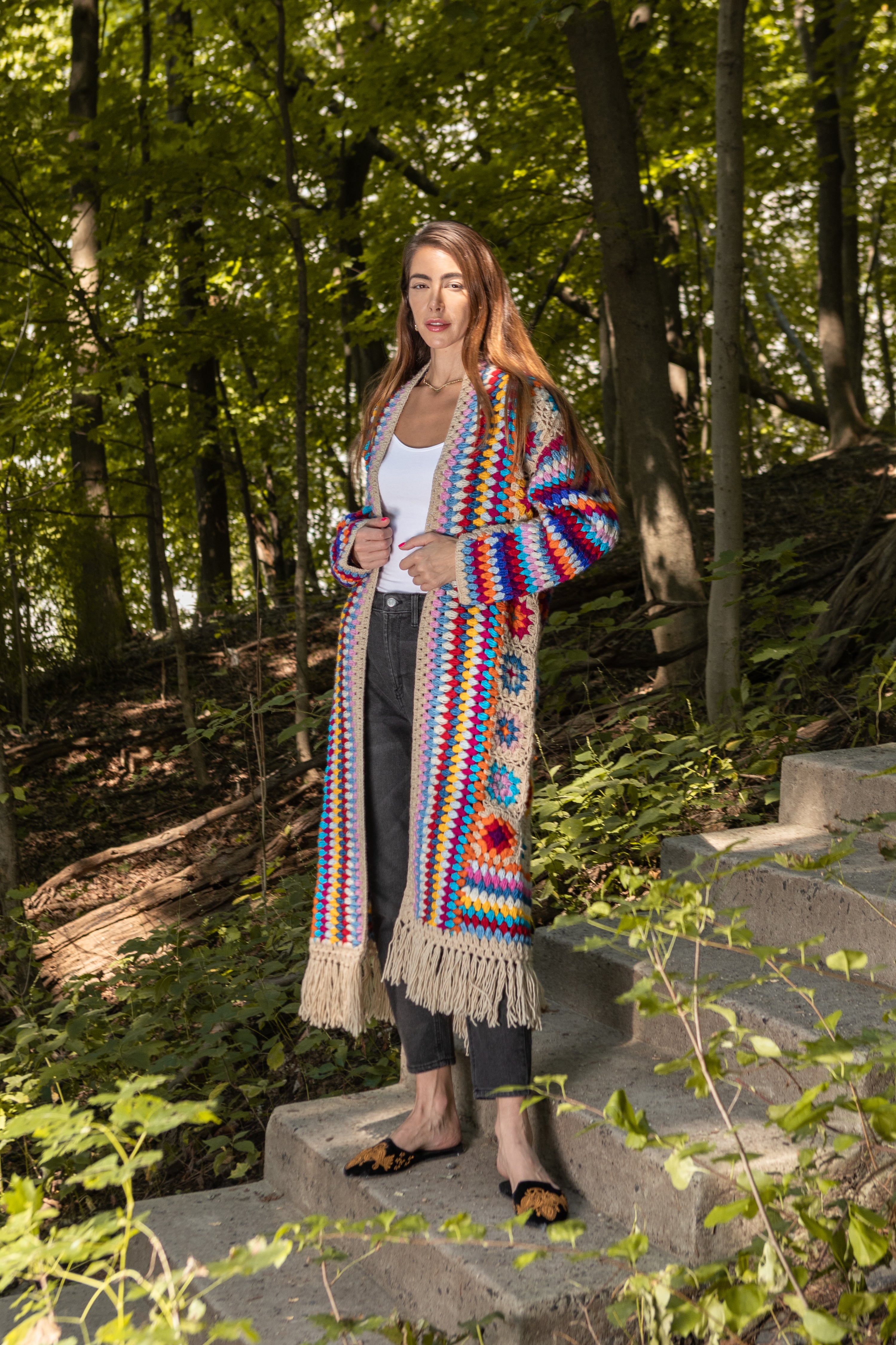 Bohemian Fringed Crochet Kimono Long Cardigan - Lightweight Lace Cover Up for Women - Perfect for Beach, Music Festivals & Summer Outfits