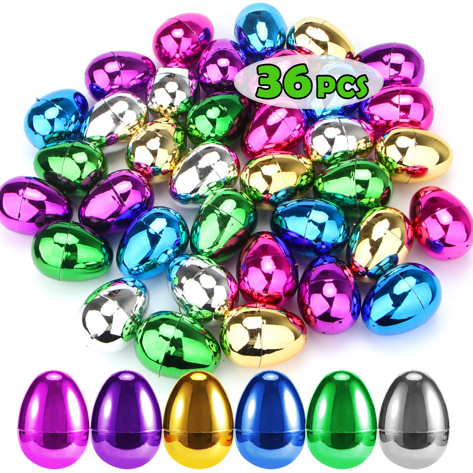 36 PCS Plastic Easter Eggs for Kids - 2.36 Inch Fillable Metallic Gold Easter Basket Stuffers for Toddlers, Boys, Girls & Teens - Perfect for Easter Egg Hunts, Party Favors & Spring Decorations