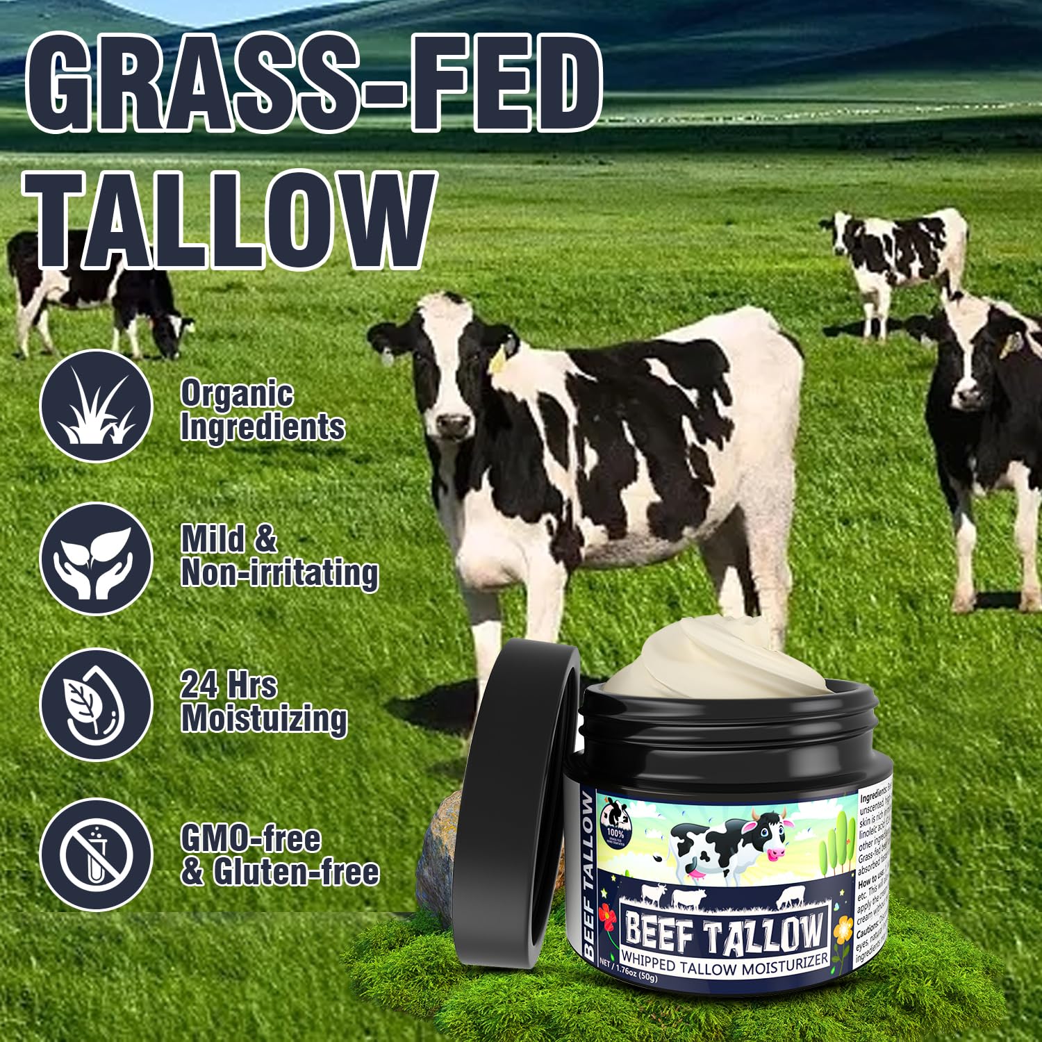 Organic Grass-Fed Beef Tallow Balm for Face & Body - 100% Natural Whipped Tallow Moisturizer, Unscented Skin Care for Sensitive Skin | Hydrating Face Cream & Body Lotion for Dry Skin, Eczema & DIY Beauty