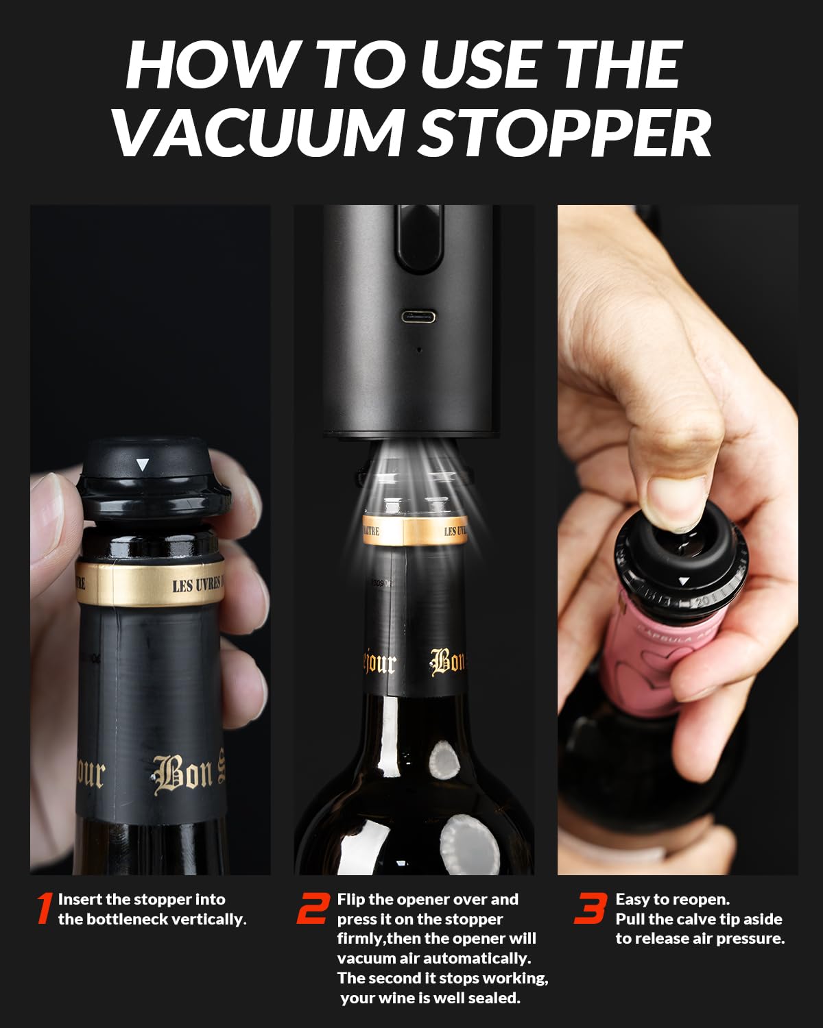 2 in 1 Rechargeable Electric Wine Opener Set with Vacuum Preserver, Foil Cutter & Automatic Wine Saver Pump - Perfect for Home Bars, Dinner Parties & Wine Lovers (Includes Wine Stopper)