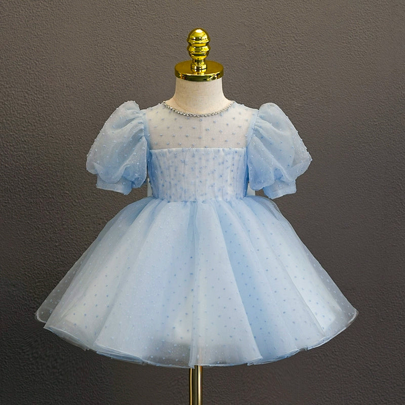 Royal Blue Princess Round Neck Tea-Length Tulle Flower Girl Dress for Weddings & Special Occasions