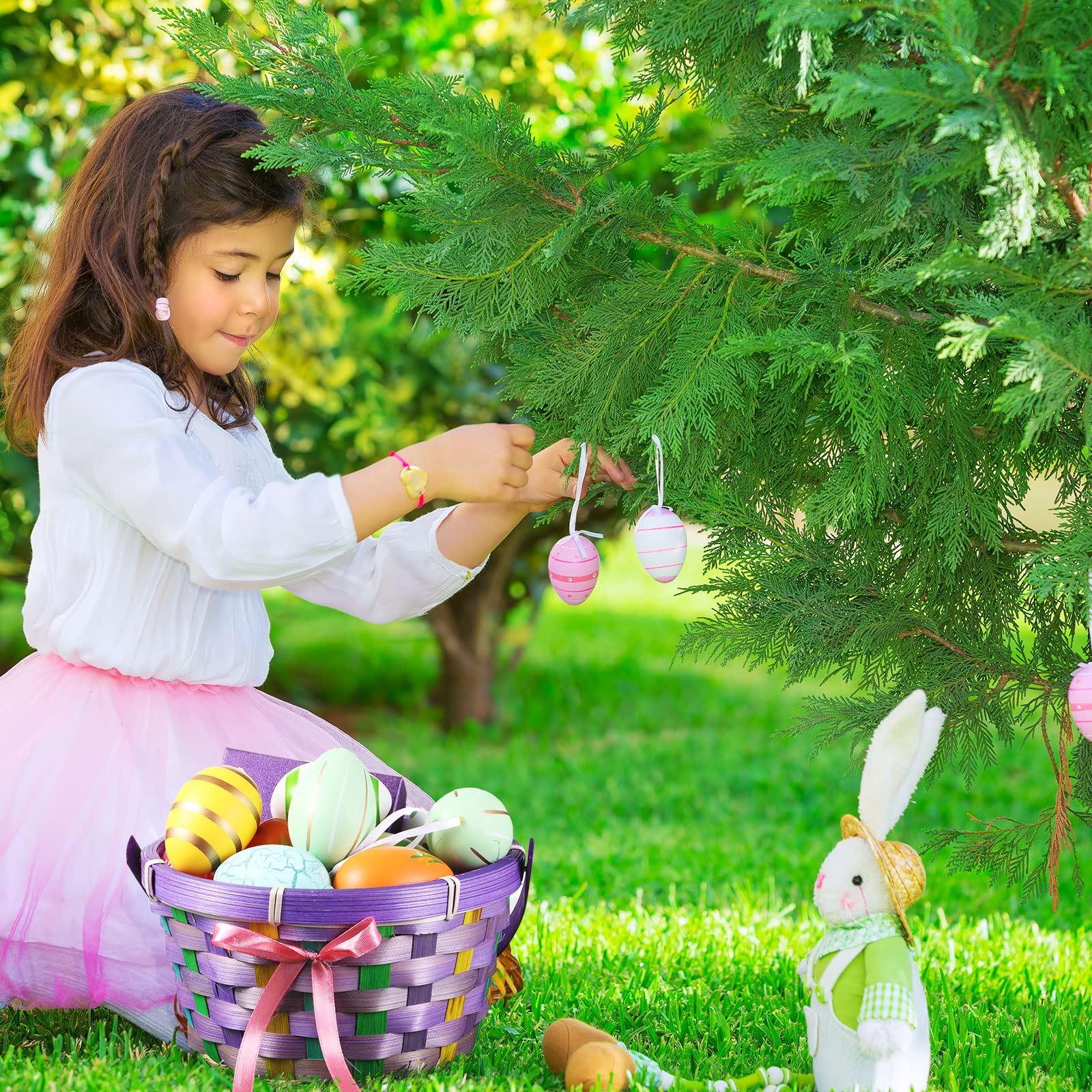 Yulejo Easter Woven Bamboo Basket Set - 8 Piece Round Small Baskets with Handles for Easter Egg Hunt, Picnic Party Supplies, Birthday Decorations - Perfect for Spring Celebrations, Home Decor and Gift Giving