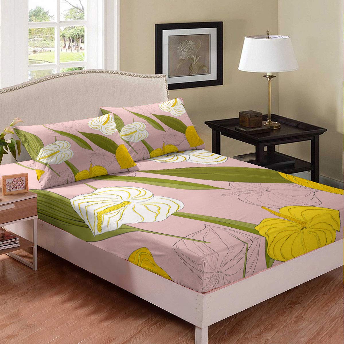 Floral Print Queen Size 3-Piece Kids Bed Sheet Set - White & Yellow Flowers on Pink Background, Includes 1 Fitted Sheet & 2 Pillowcases | Soft & Breathable Cotton for Teens & Young Adults | Perfect for Girls' Bedrooms, Dorm Rooms & Nursery Decor
