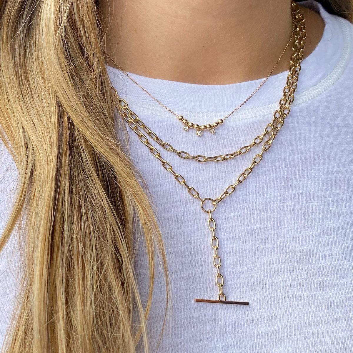 14K Gold Medium Square Oval Link Faux Toggle Lariat Necklace for Women - Elegant Layered Chain Jewelry for Everyday Wear & Special Occasions
