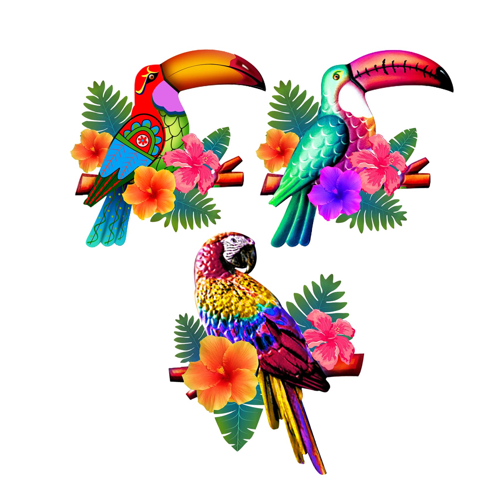 Meduofon 3 Pack Metal Parrot Wall Art Decor - Tropical Toucan & Macaw Sculpture for Patio, Garden, Fence, Deck, Balcony | Indoor Outdoor Hanging Bird Decor for Home & Office | Perfect for Tropical Theme Parties & Backyard Decorations