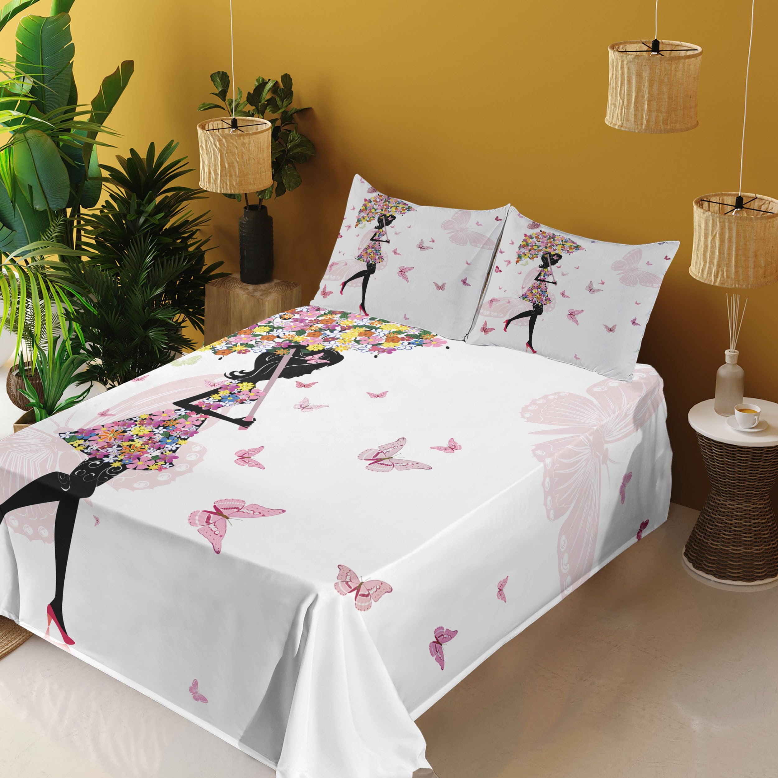 Ambesonne Floral Umbrella & Butterfly Bedding Set - 4 Piece King Size Sheets with Pillowcases, Black & Pink Inspirational Art Design - Perfect for Girls' Rooms, Teen Bedrooms & Boho Chic Decor