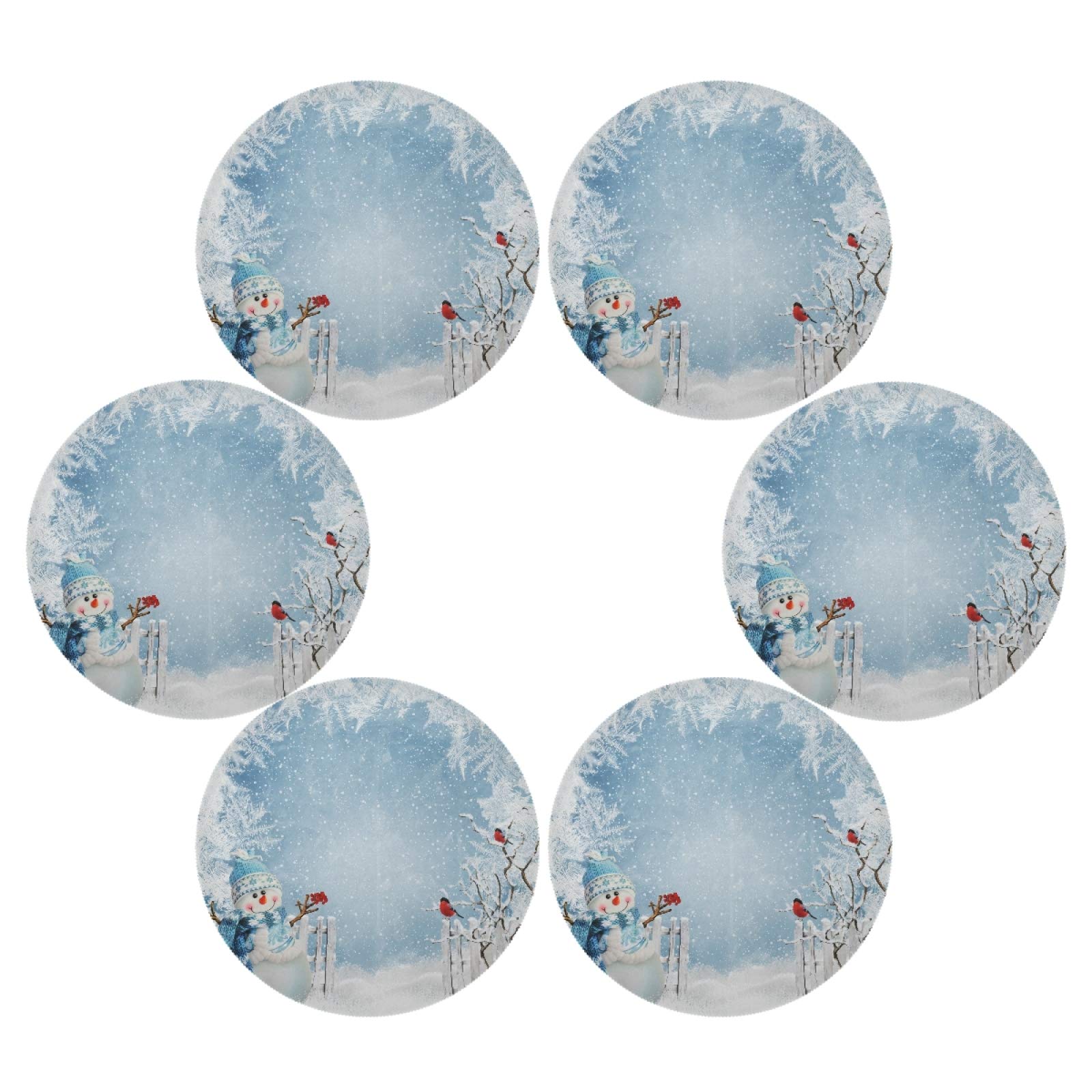 Christmas Snowman Round Placemats Set of 4 - 15 Inch Winter Holiday Table Mats with Red Truck & Cardinals Birds Design - Perfect for Kitchen Dining, Dinner Parties, Kids Holiday Celebrations & Festive Home Decor