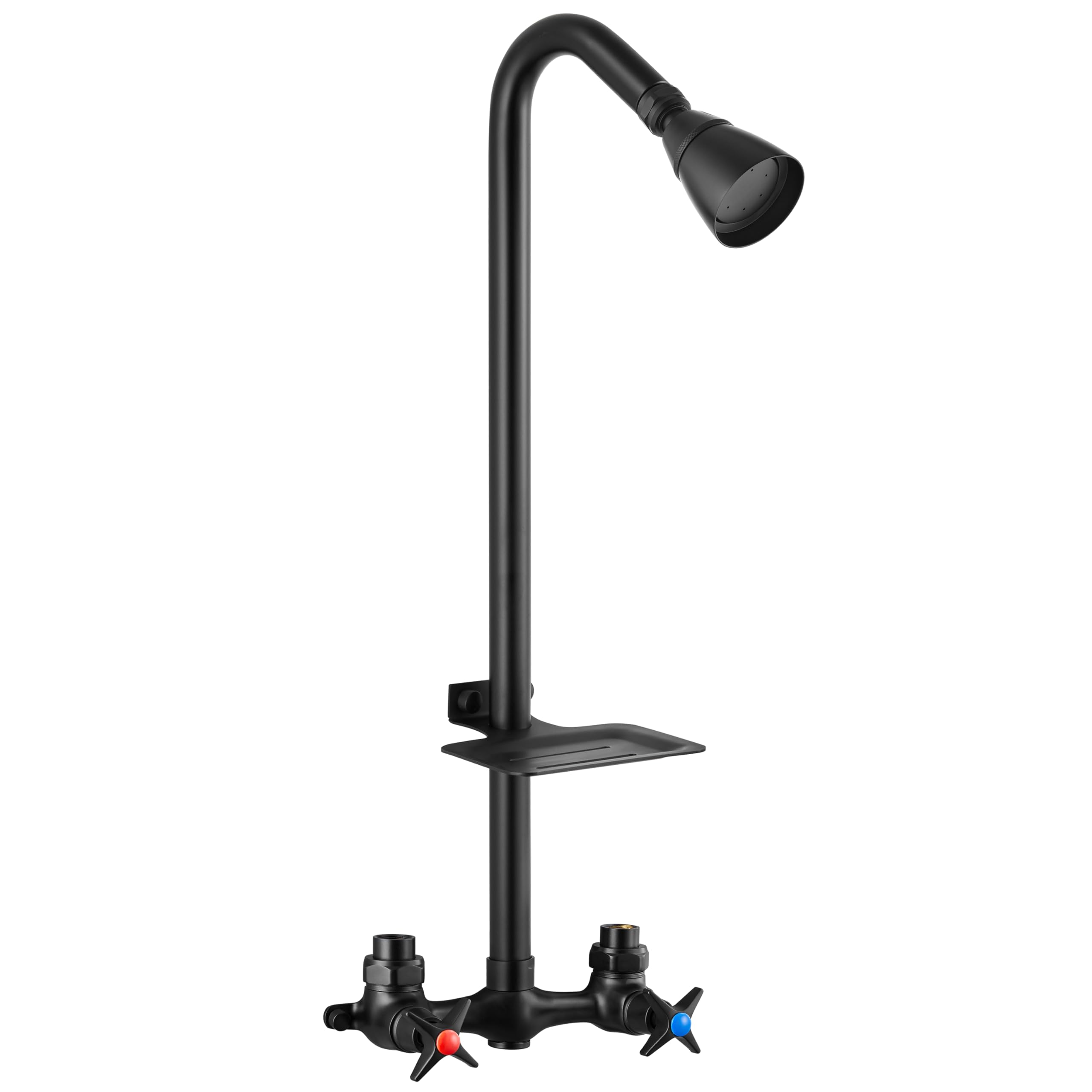 Aolemi Matte Black Outdoor Shower Kit with Brass Showerhead - Double Handle Exposed Faucet System, 6 Inch Center Brass Mix Valve & Soap Dish - Perfect for Backyard, Poolside, and Garden Shower Areas