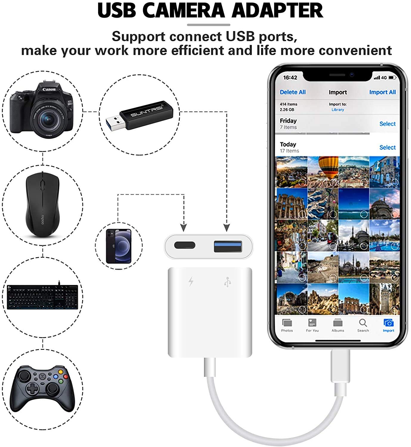Lightning to USB 3.0 OTG Adapter for iPhone & iPad - Fast Charging USB Camera Connector - Transfer Photos, Connect Keyboards & External Devices - Perfect for Travel, Photography & Office Work