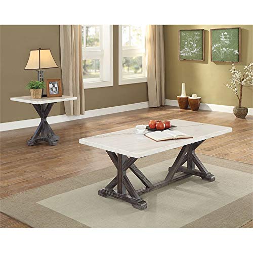 Acme Romina 24-Inch White & Weathered Espresso Marble Top End Table - Perfect for Living Room, Bedroom, or Office Decor