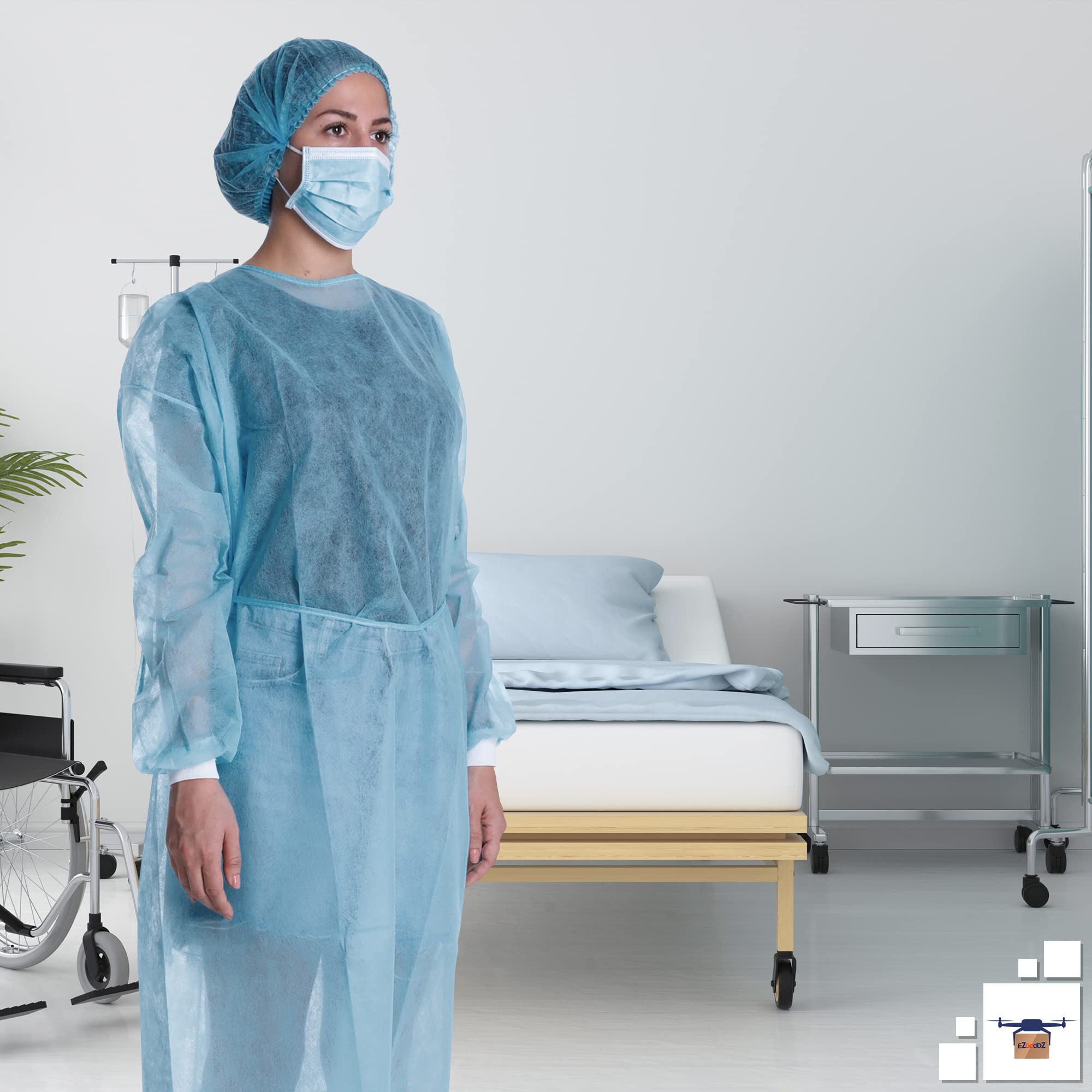 EZGOODZ Blue Disposable Isolation Gowns - 50 Pack Medical Gowns with Elastic Cuffs, Long Sleeves & Back Ties | 45 GSM SPP Material | Unisex Surgical Gowns for Men & Women | Ideal for Hospitals, Clinics & Home Healthcare Use